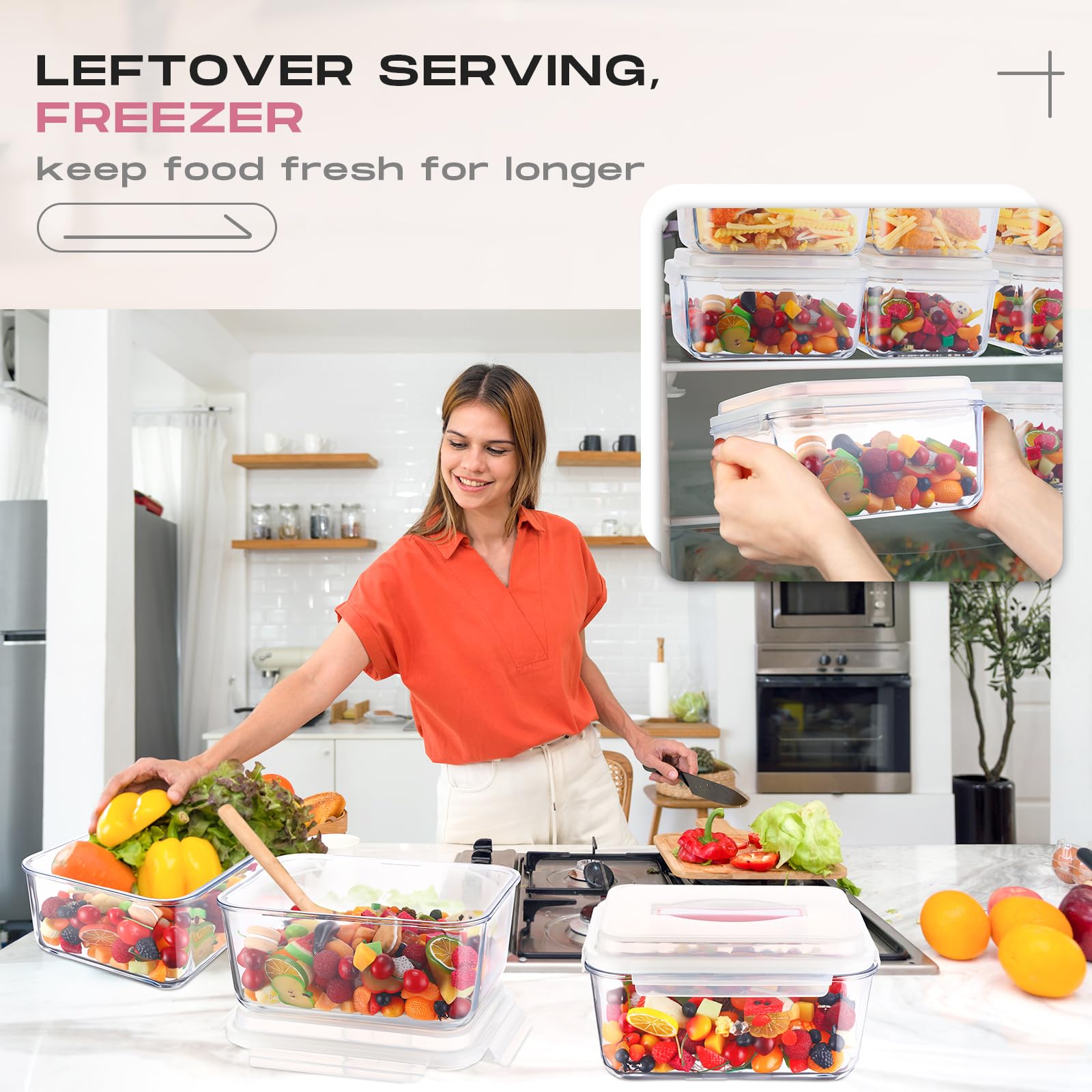 Blushtier 2 recipientes grandes de vidrio para almacenamiento de alimentos con tapa de bloqueo hermético, ideal para almacenar alimentos, verduras, frutas, hornear, lasaña, pavo, transparente