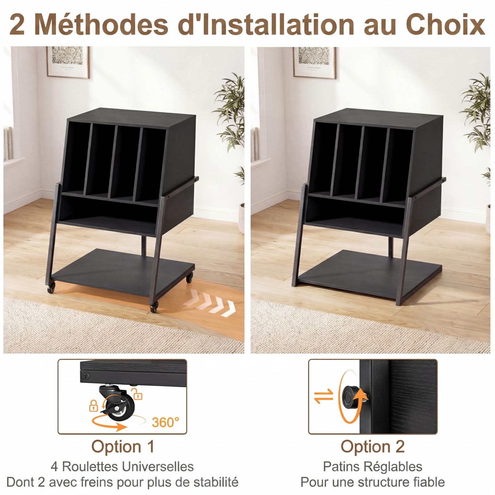 COSTWAY Meuble Platine Vinyle avec Prise, Meuble Rangement jusqu'à 180 Vinyle, 4 roulettes Inclus, Étagères, 5 Compartiments, Support Tourne Disque pour CD, DVD, Manga, Livres(avec Prise,Noir)