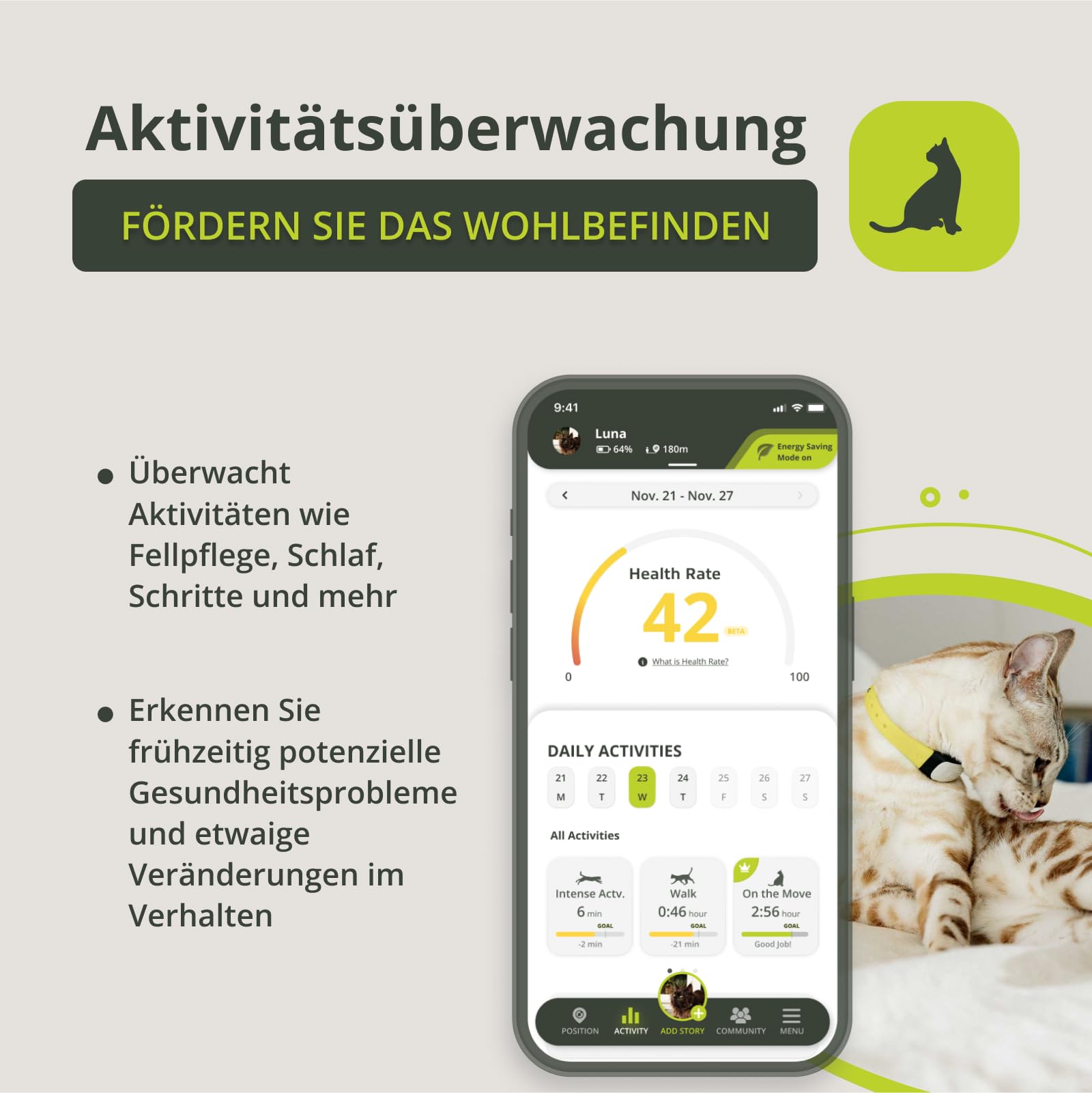 Kippy GPS-Halsband für Katzen, Kippy Cat Color, GPS-Tracker für Gesundheit und Aktivität, Katzenhalsband mit Sofortwarnung, mit virtuellen Grenzen