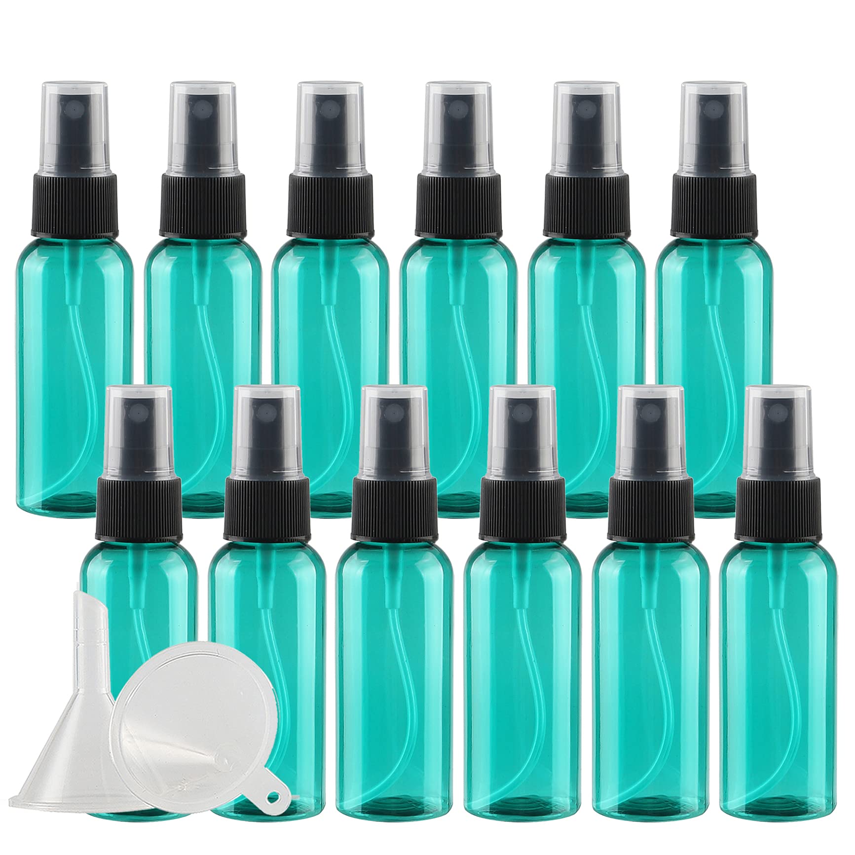 TIANZD 50 Pieces Empty 50 ml Green PET Plastic Fine Mist Pump Spray Bottles with Black Top Portable Sprayer for Perfume Water Cosmetic Travel Containers Refillable, 2x Funnel