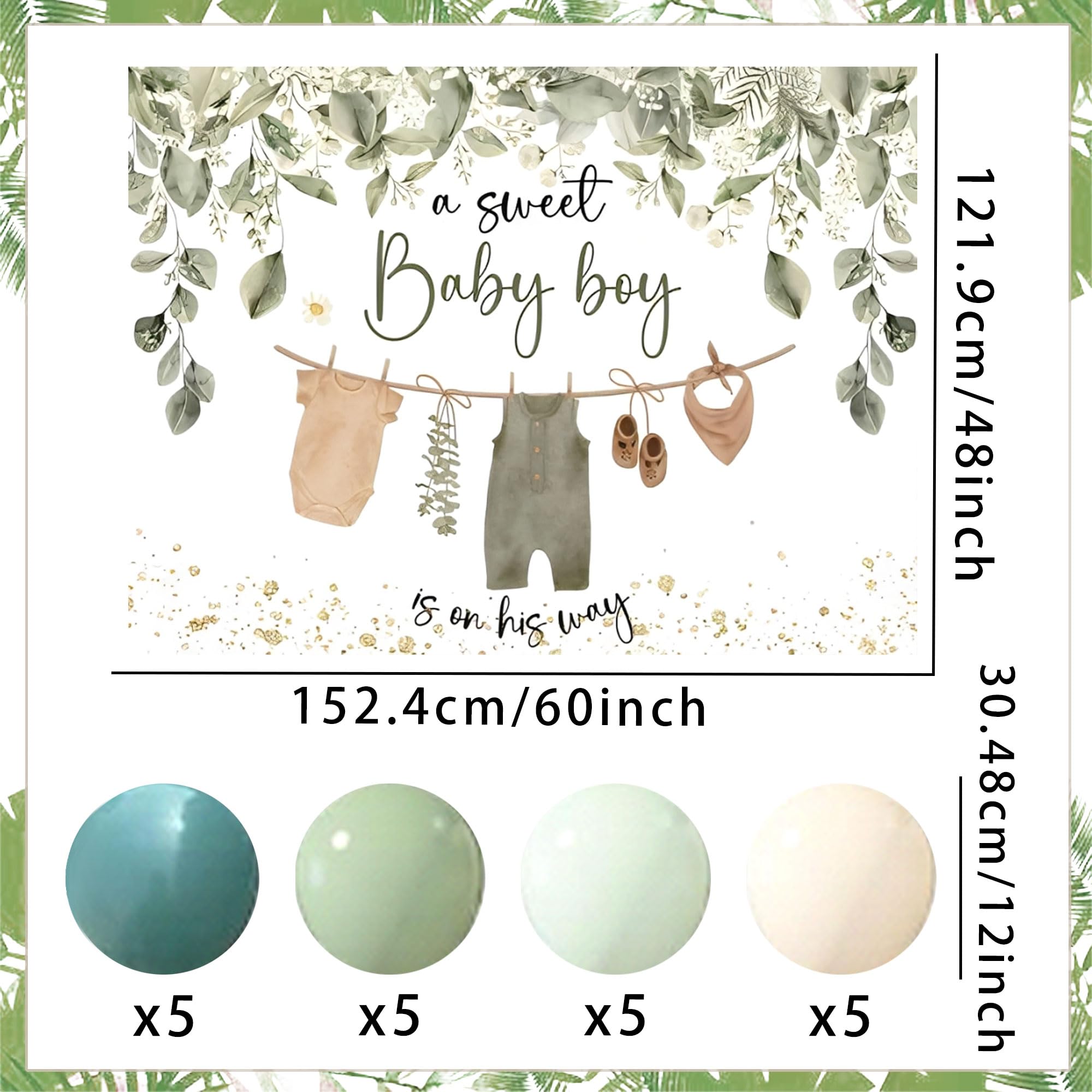 Baby Shower Backdrop for Boys Greenery A Sweet Baby Boy is On The Way Decoration Boy Green Leaves Baby Shower Party Balloons Banner Supplies Photo Booth Props - Image 2
