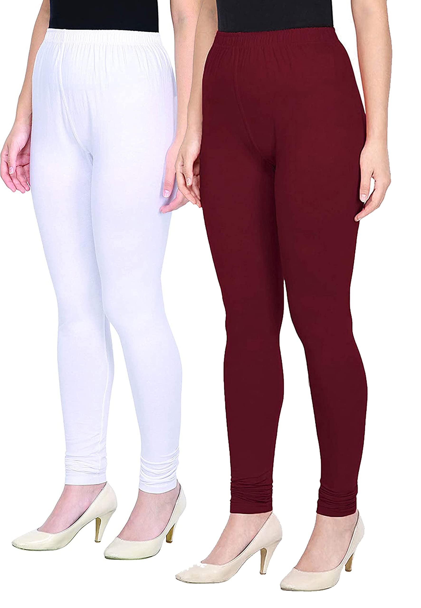 Kex White Maroon Solid Cotton Churidar Length Leggings Women Leggings Girls Leggings Leggings for Women-image-11
