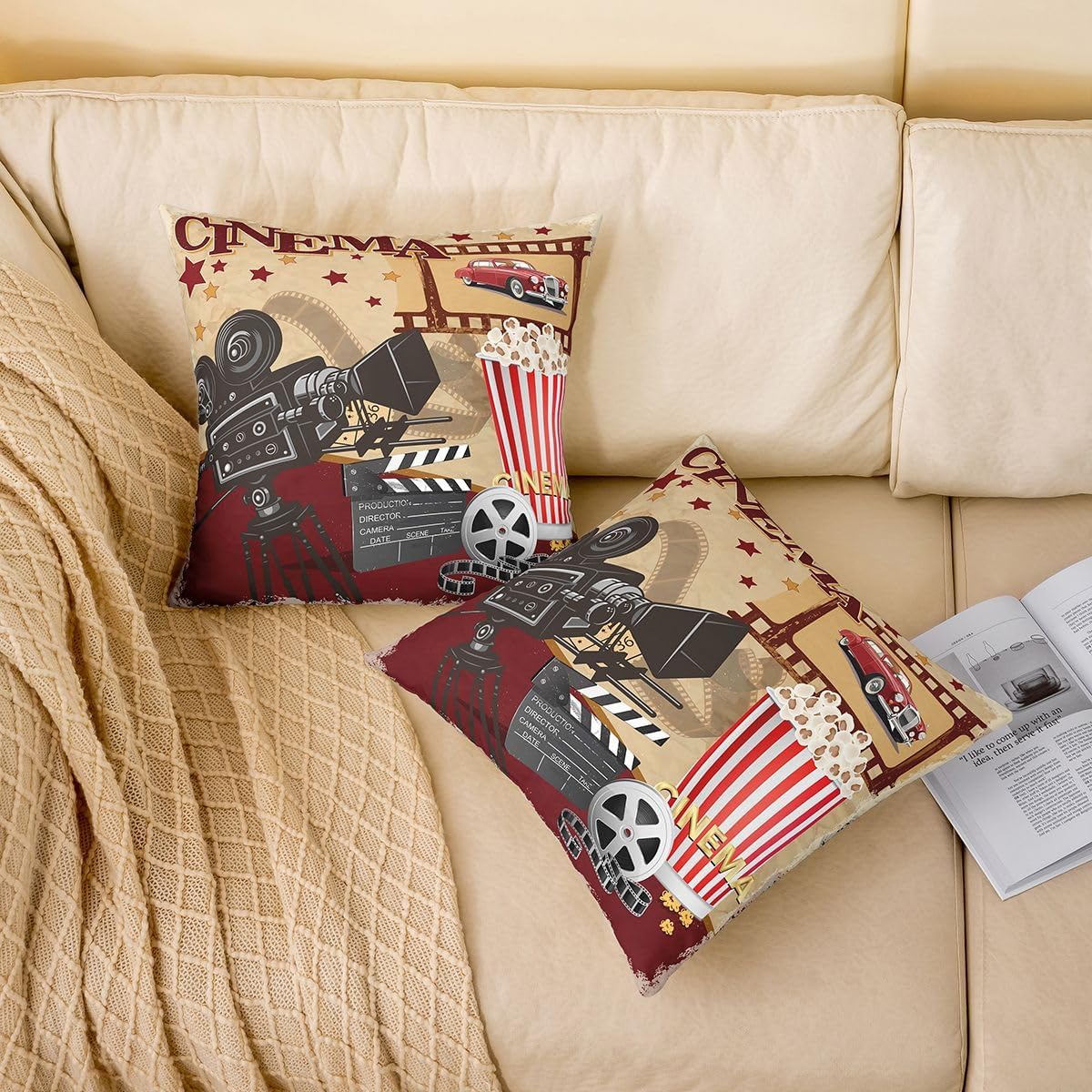 Erosebridal Pack of 4 Cinema Bucket Throw Pillow Covers 18x18 Retro Film Pillow Covers Entertainment Leisure Cushion Covers Vintage Studio Corn Modern Theater Cinema Show Decorative Pillow Covers