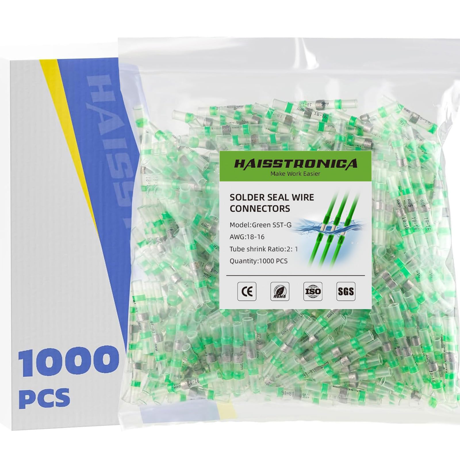 haisstronica 1000PCS Solder Seal Wire Connectors,Waterproof Heat Shrink Butt Connectors Terminals for Watercraft,Electrical,Electronics AWG 18-16