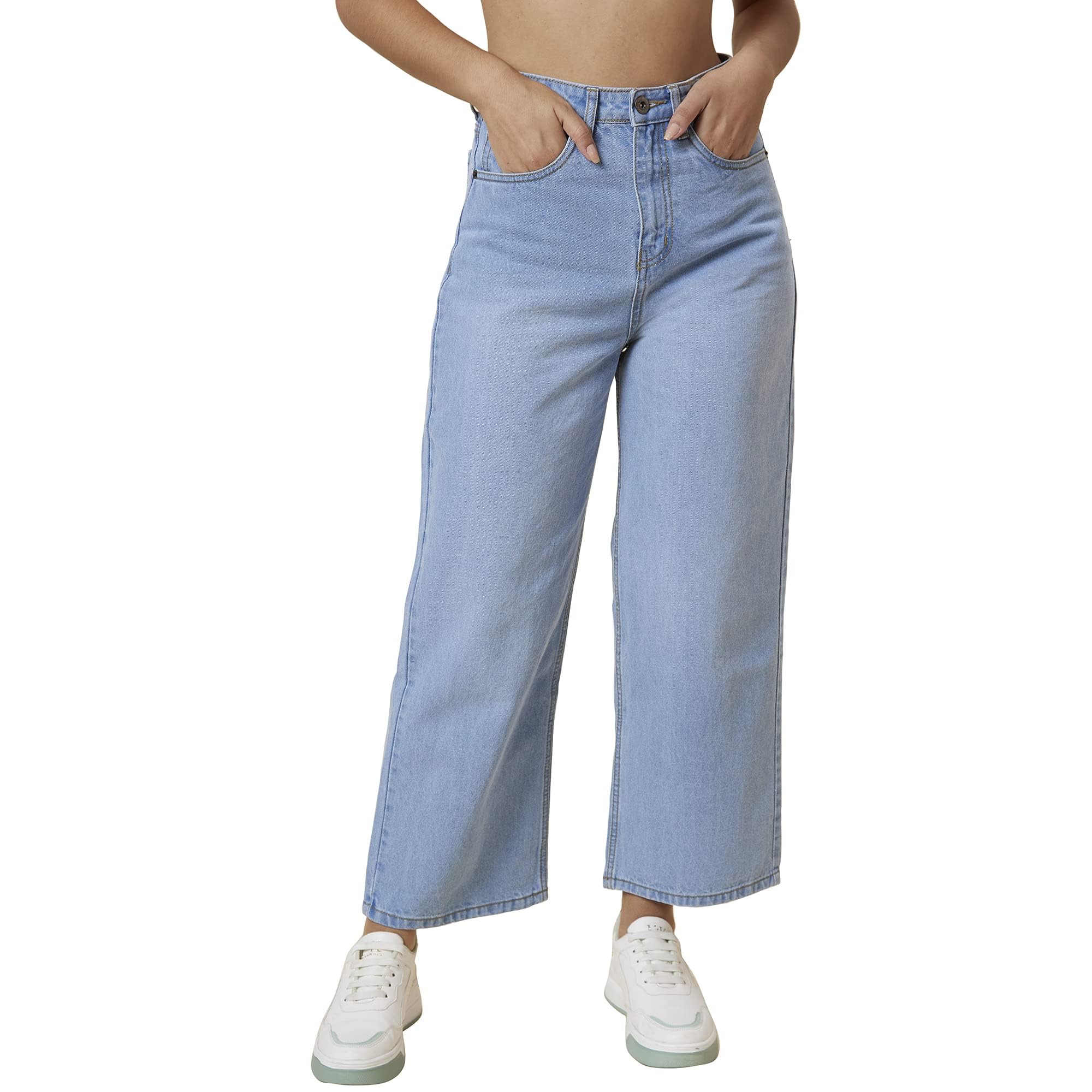 globus Women Mid Rise Whisker Effect Wide Leg Washed Jeans-picture-10