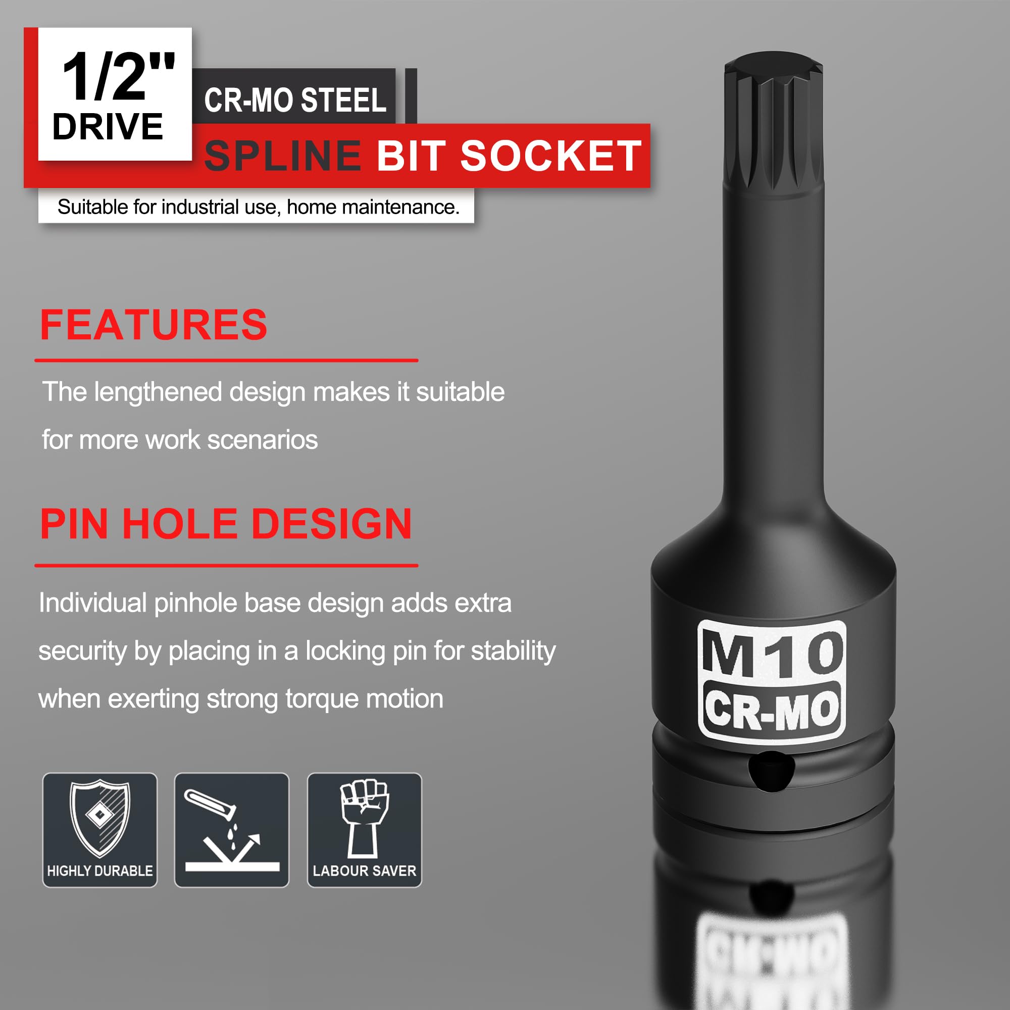 KIRXST Impact Triple Square Spline Bit Socket, 1/2" Drive M10 Spline Bit Socket, CR-MO Steel, 1/2" M10 Deep - Image 4