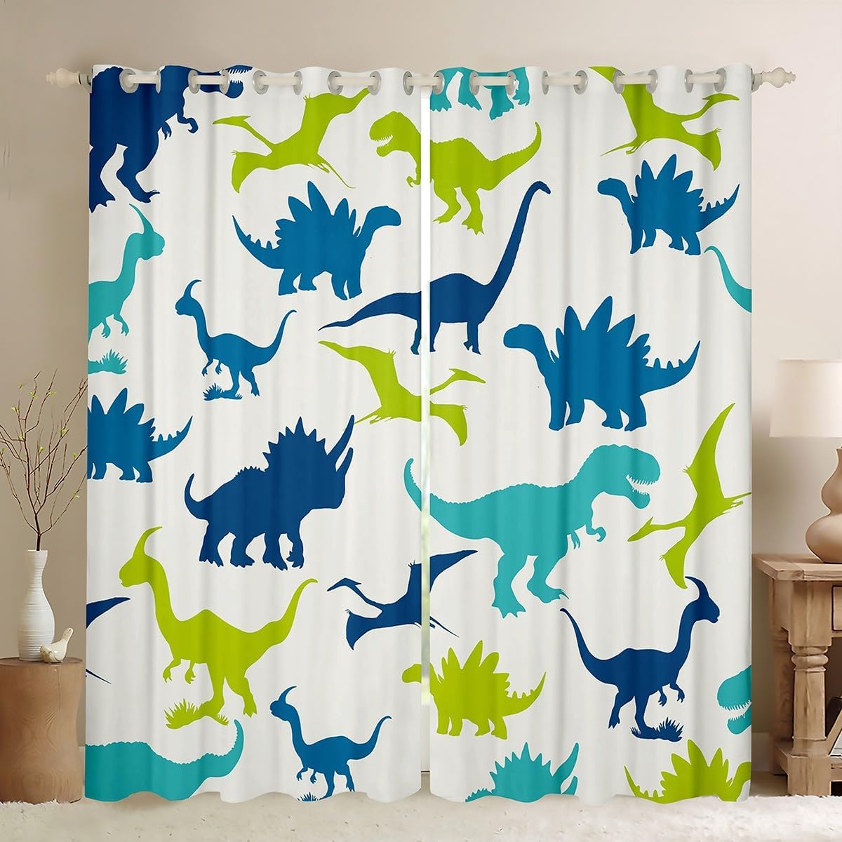 Feelyou Dinosaur Darkening Dreapes 3D Digital Print Skull Curtains for Bedroom Jungle Dino Decor Blackout Curtains Green Wild Animal Silhouette Window Treatments (2 Panels, 42 x 90 Inch)