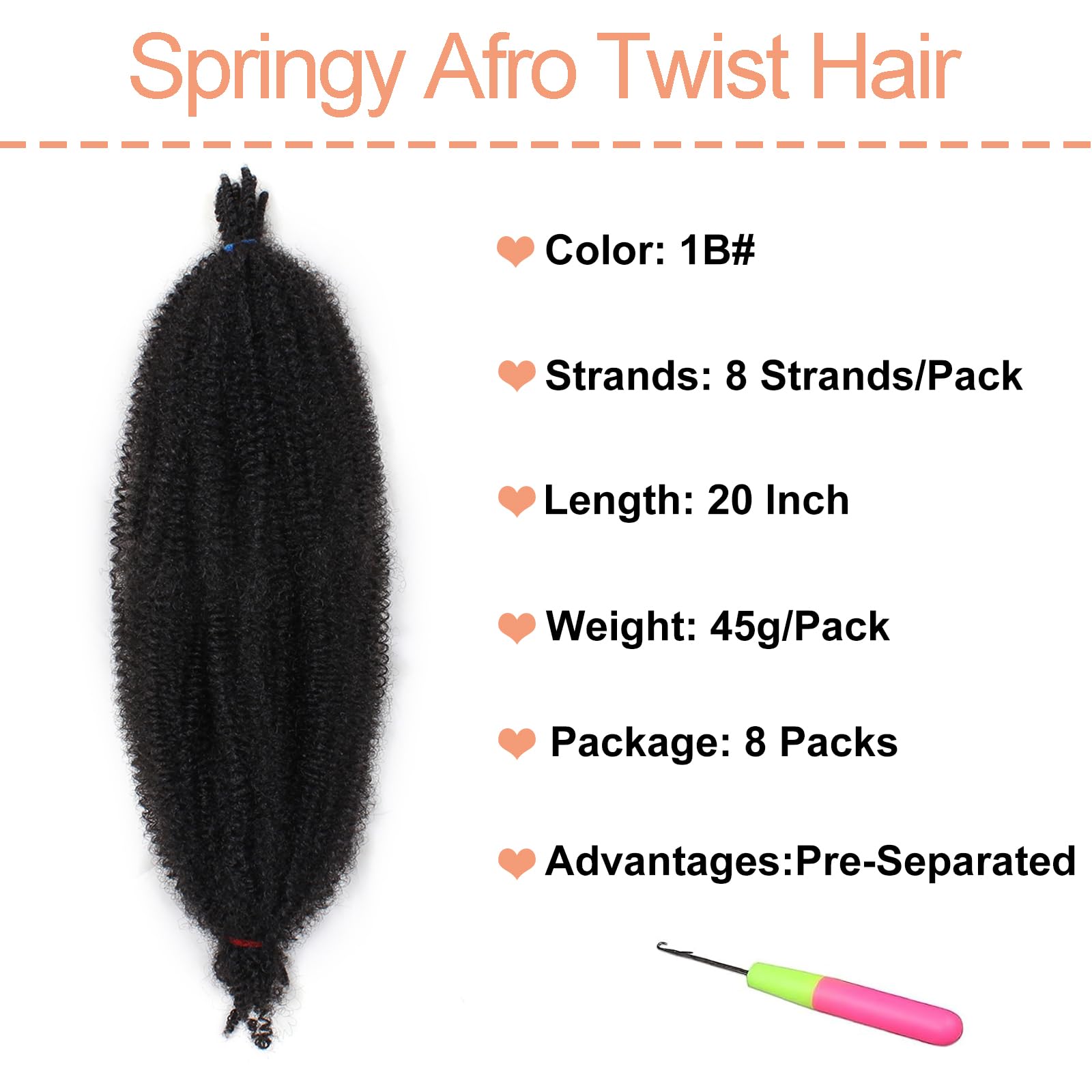 Mscat 20 Inch Pre-Separated Springy Afro Twist Hair 8 Packs Natural Black Marley Twist Crochet Braiding Synthetic Hair Extensions (8 Strands/Pack,1B#) - Image 2