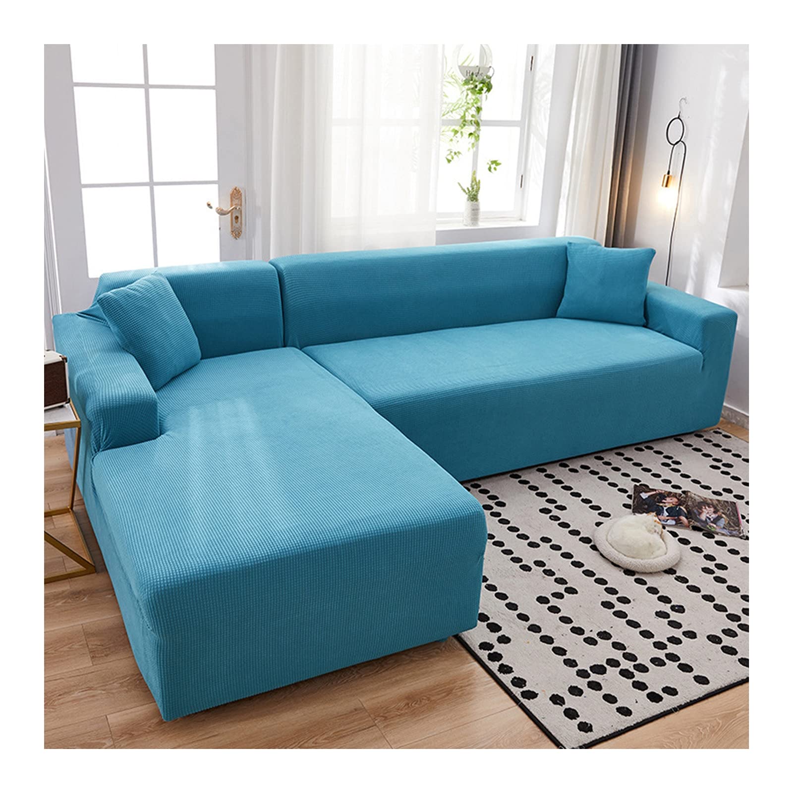 Housse canapé L 3+3 places polaire bleu lac extensible