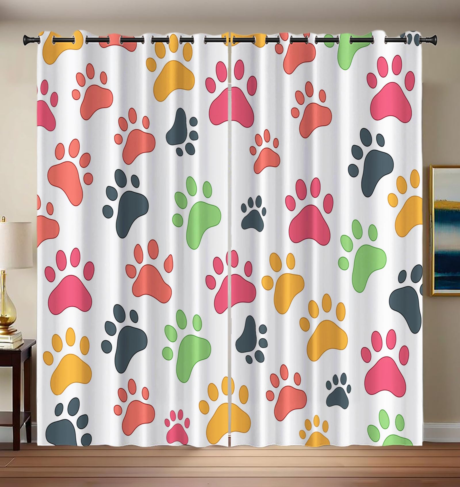 HASLEFND Blackout Curtains, Thermal Insulated Curtains, Cartoonish And Childlike Style Colorful Animal Paw Prints Ring Top Curtain for Bedroom Living Room, 66" W x 90" L, Pink, 2 panels