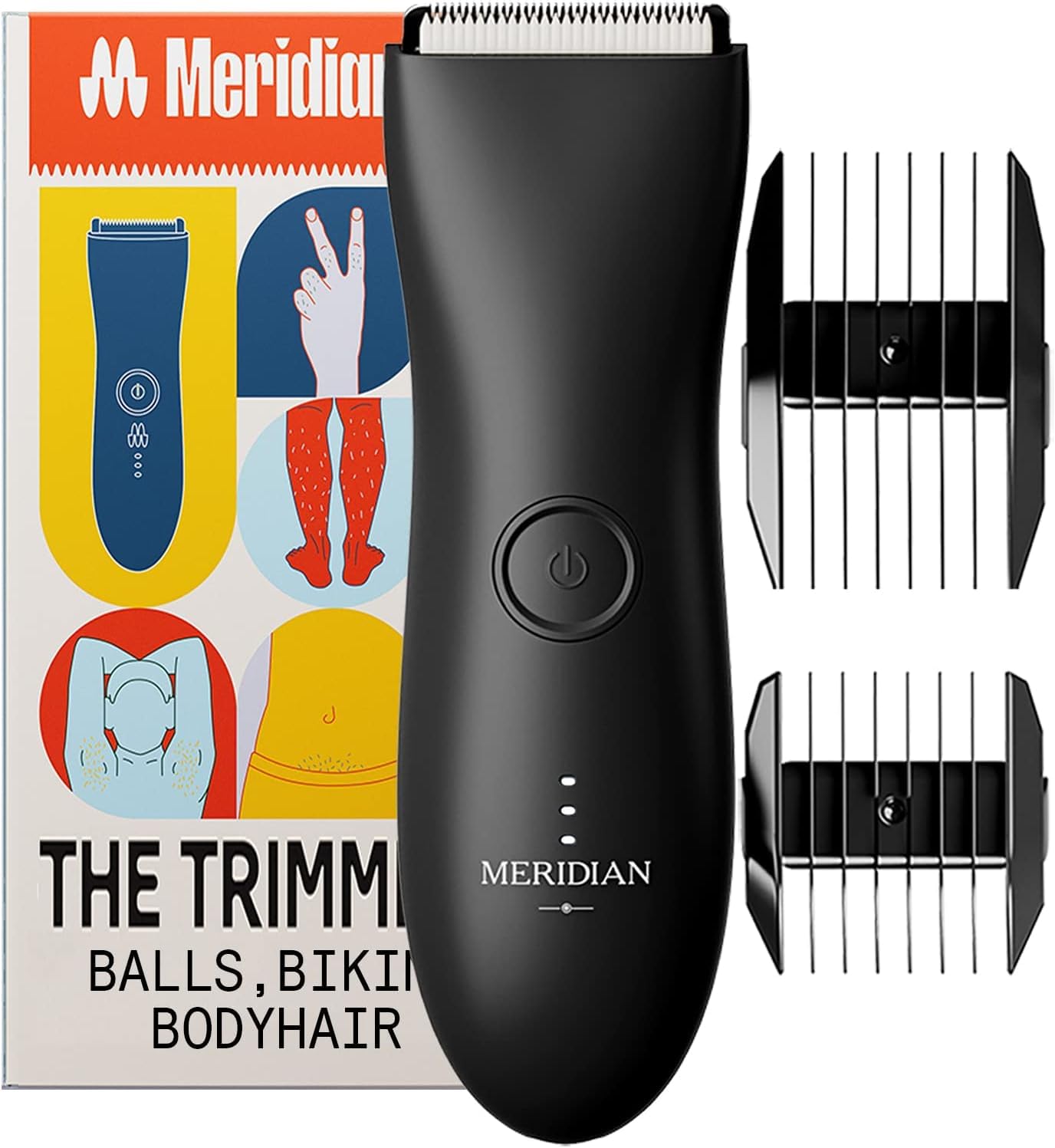MERIDIAN Trimmer Plus Body Hair Manscaping Trimmer, Adjustable Guard, USB C Charging, Flash Light, Travel Lock, Charging Dock, Bikini Trimmer, Mens Body Hair Trimmer (BLACK)