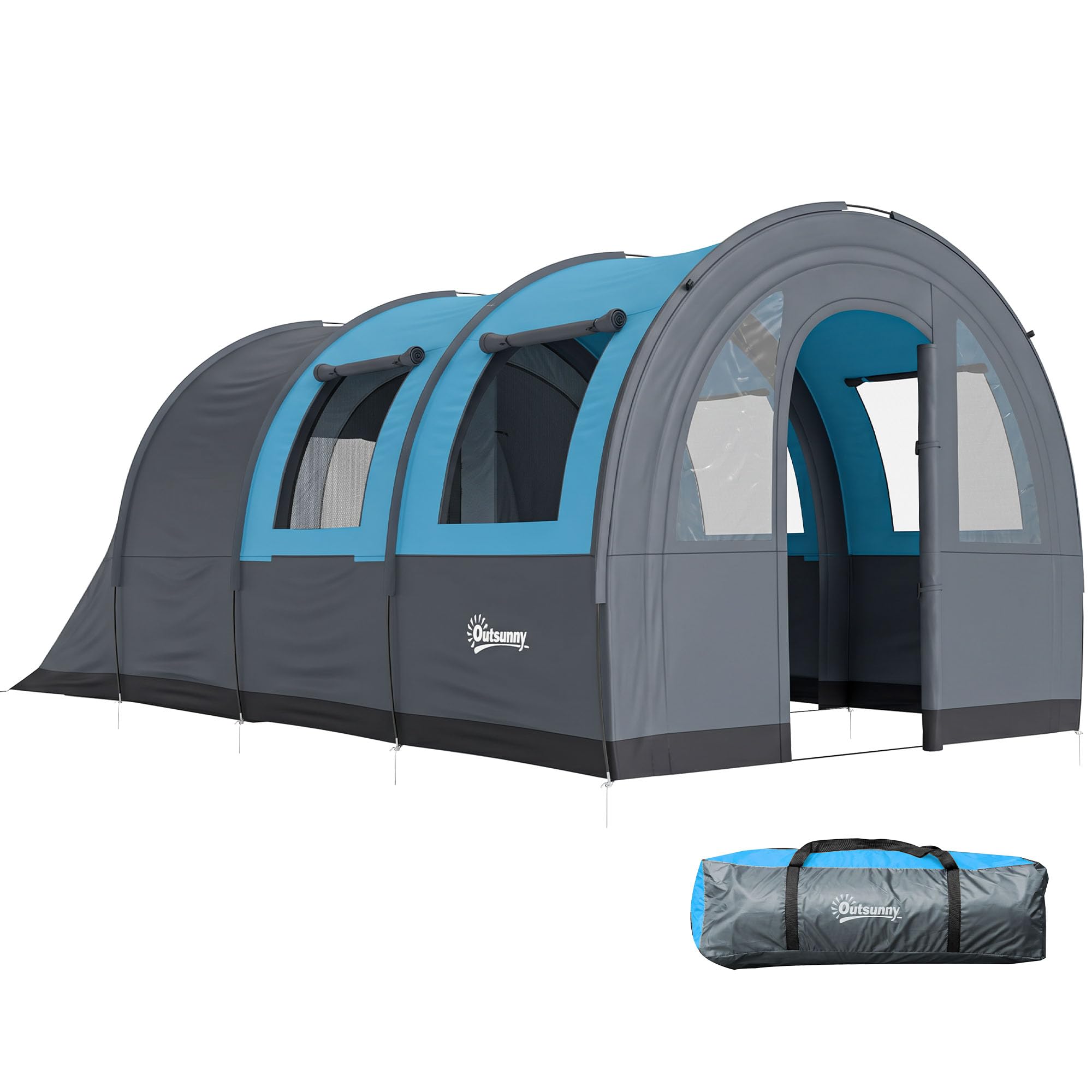 Outsunny Tienda de Campaña Familiar para 3 Personas Tienda de Camping Plegable Impermeable 3000 mm con 2 Habitaciones Puertas y Bolsa de Transporte para Senderismo 480x260x200 cm Gris