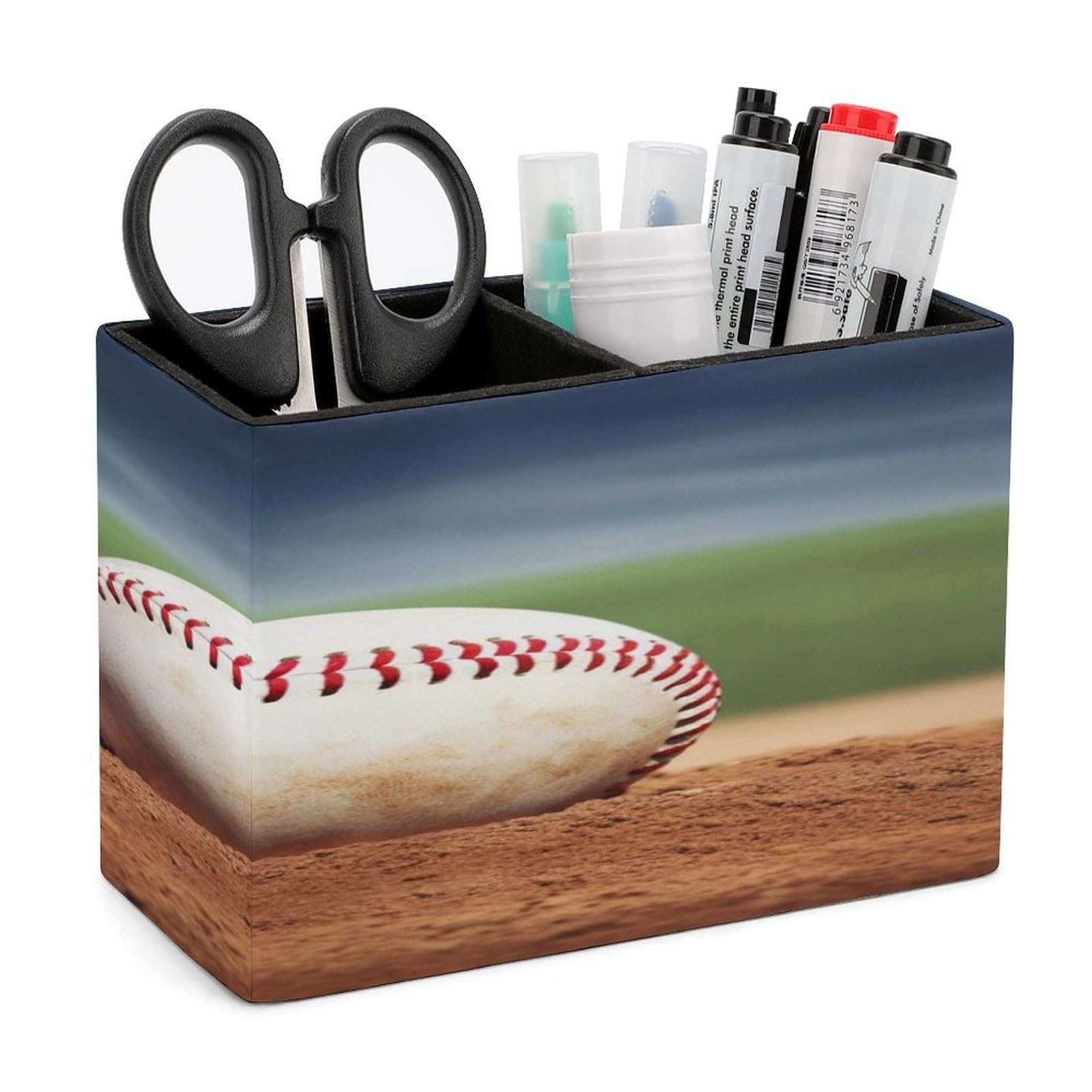 FekiLoot Baseball Leather Pen Holder for Desk Double Compartments Brush Minimalist PU Leather Pencil Holder Locker Organizer for Work Locker Accessories Pencil Cup for Desk