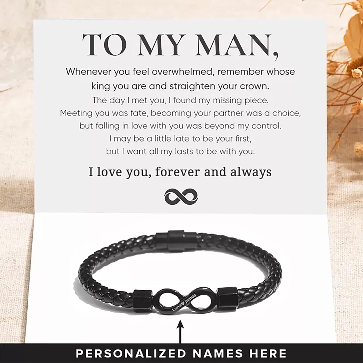 To My Man, Personalized Dual Name Infinity Leather Bracelet, Custom Name Bracelet for Men Braided Cuff Bracelet Stainless Steel Clasp Christmas Birthday Anniversary Jewelry Gift for Men - Image 4