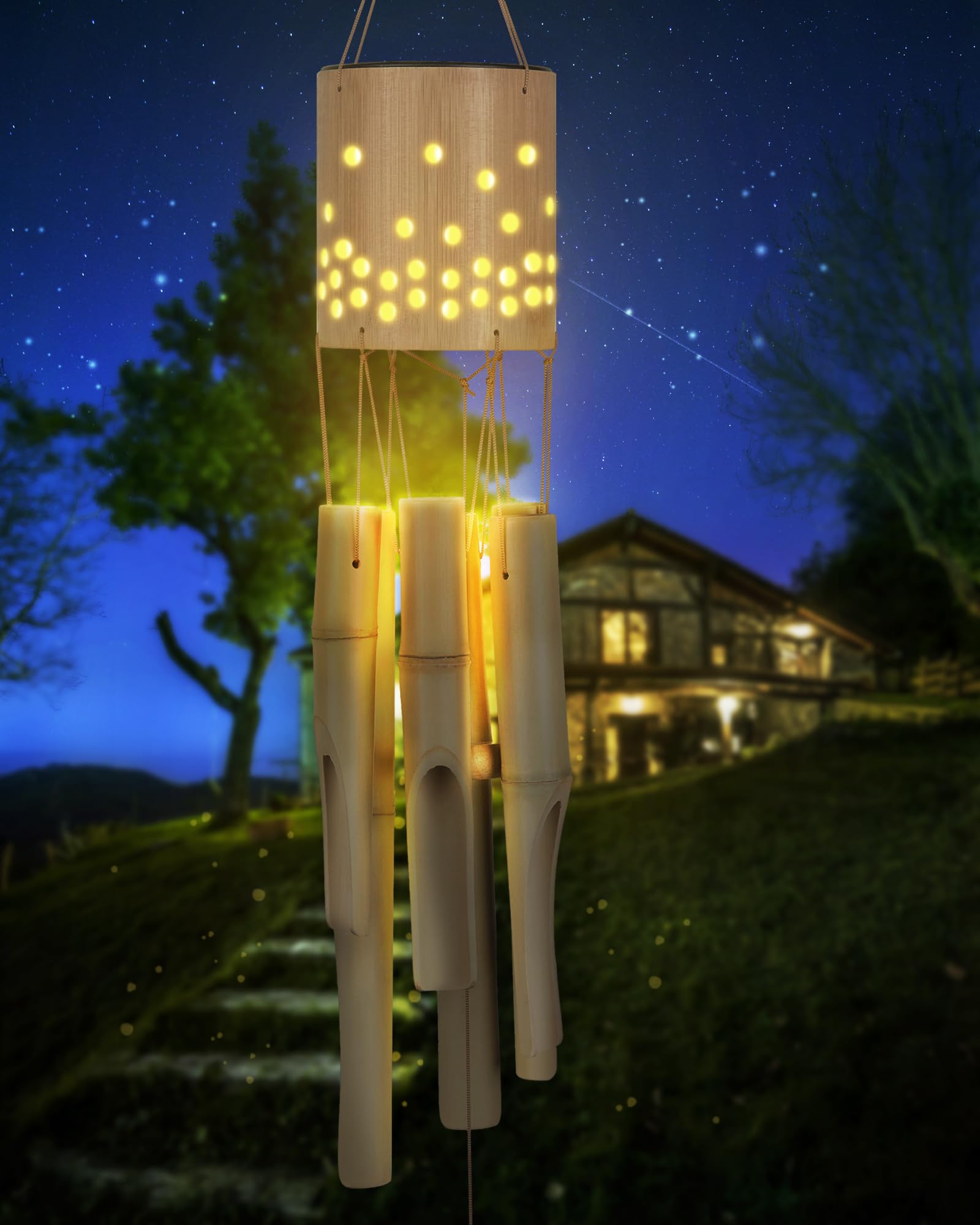 Bambus-Windspiel für den Außenbereich, mit Solar-Akzentlicht, Holz-Windspiel, 6 Bambusröhren, tiefer Ton, perfekt für Terrasse, Garten, Veranda und Balkon