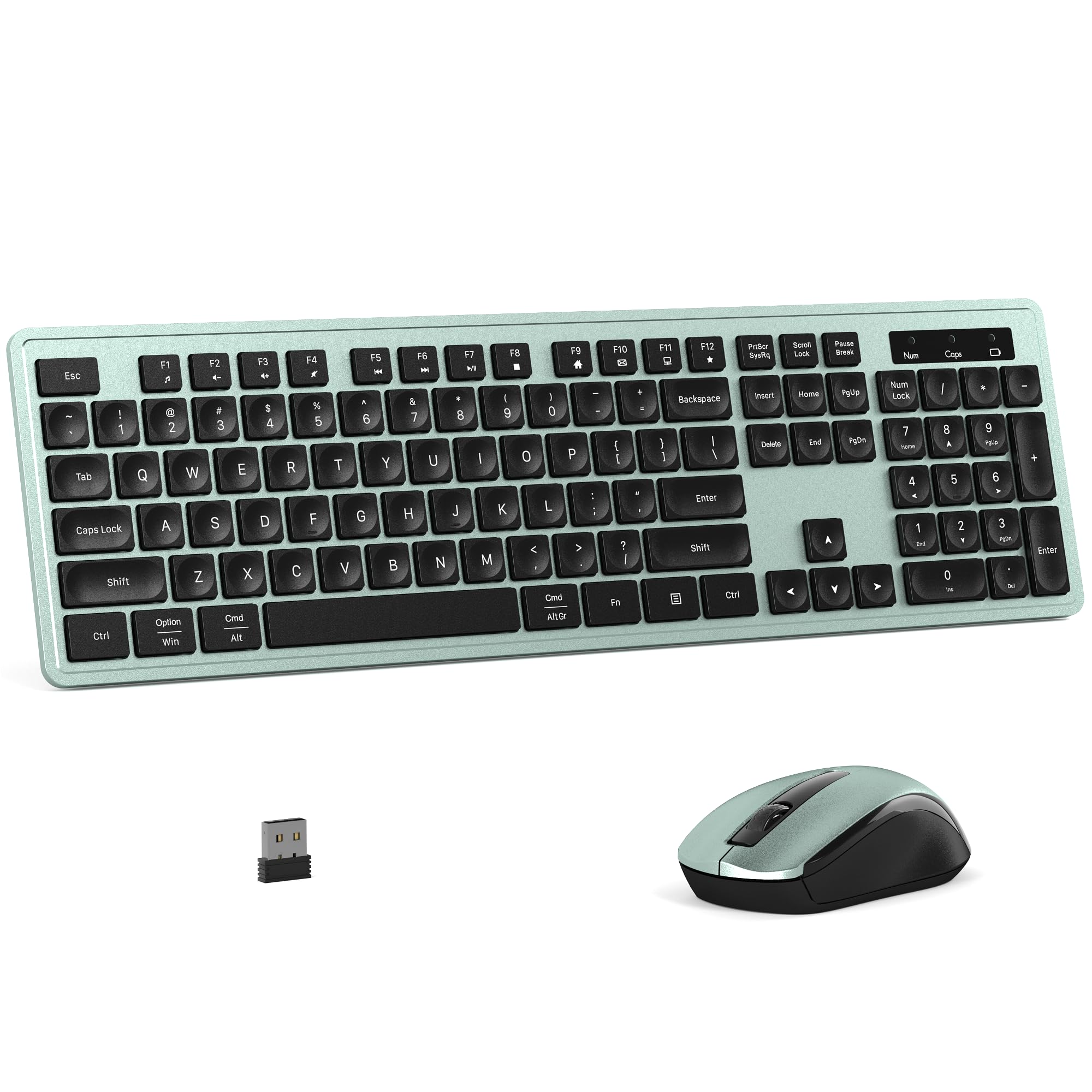 MPTOG Tastiera wireless e mouse combinata, tastiera da ufficio a 104 tasti con 15 tasti funzione, tastiera numerica, ricevitore USB singolo, compatibile con PC e laptop (verde)