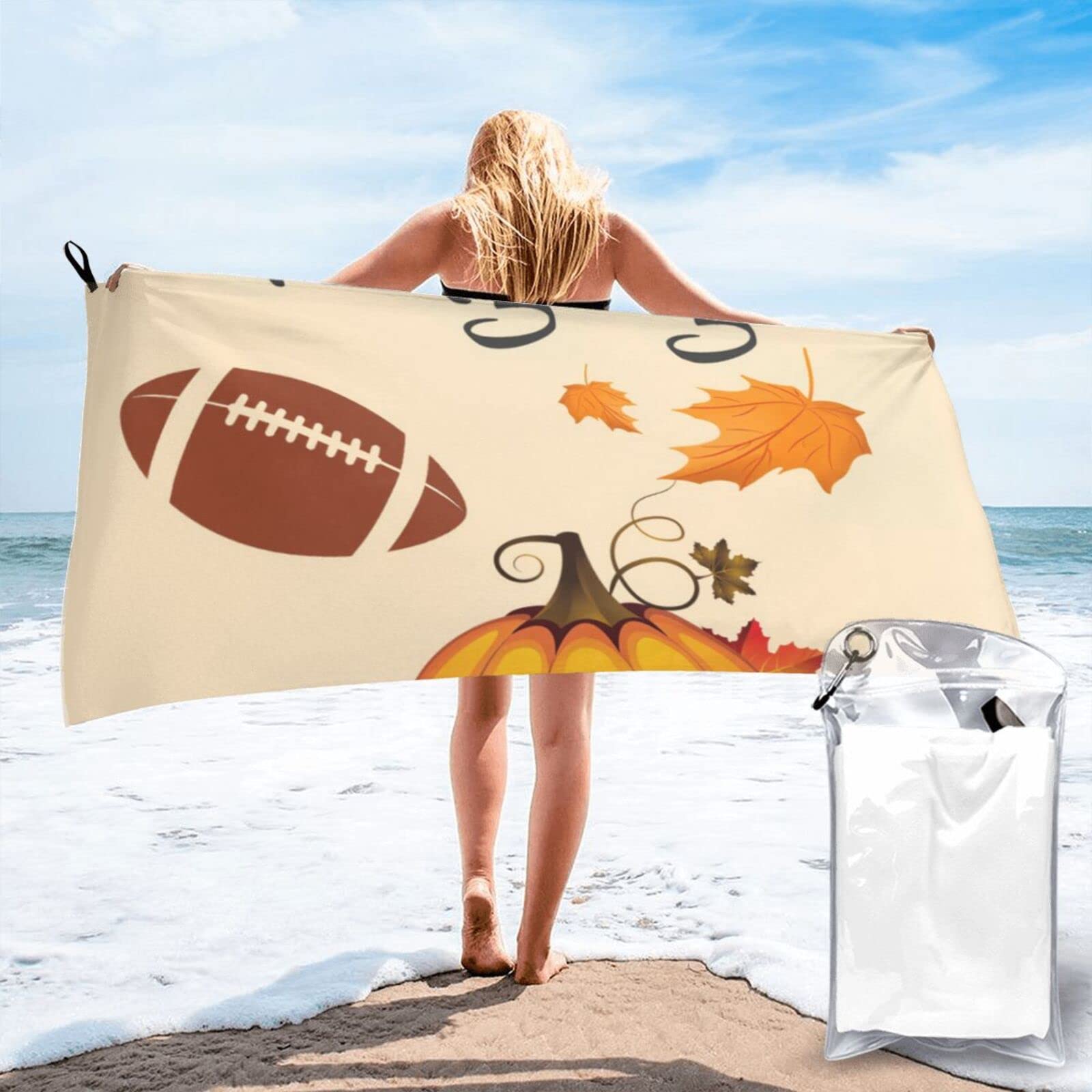 Lawenp Fall Pumpkin and Football Microfiber Beach Towel Adults Large Quick Drying Bath Towel Travel Towels with Pouch 31.5"x63"
