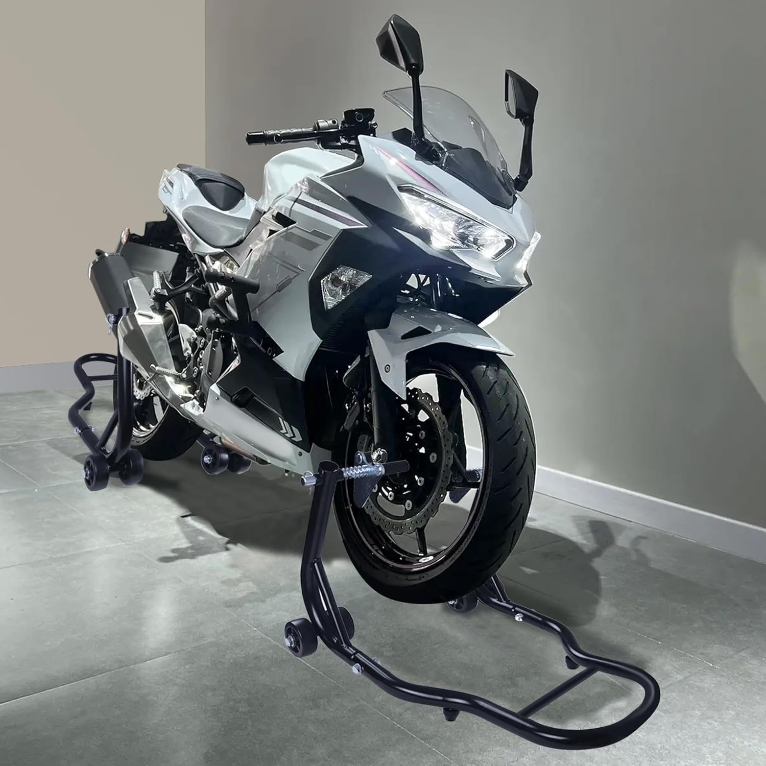 LZQ 2-częściowy zestaw stojaków na motocykl, przód i tył, stojak montażowy na kółkach, podnośnik motocyklowy, czarny