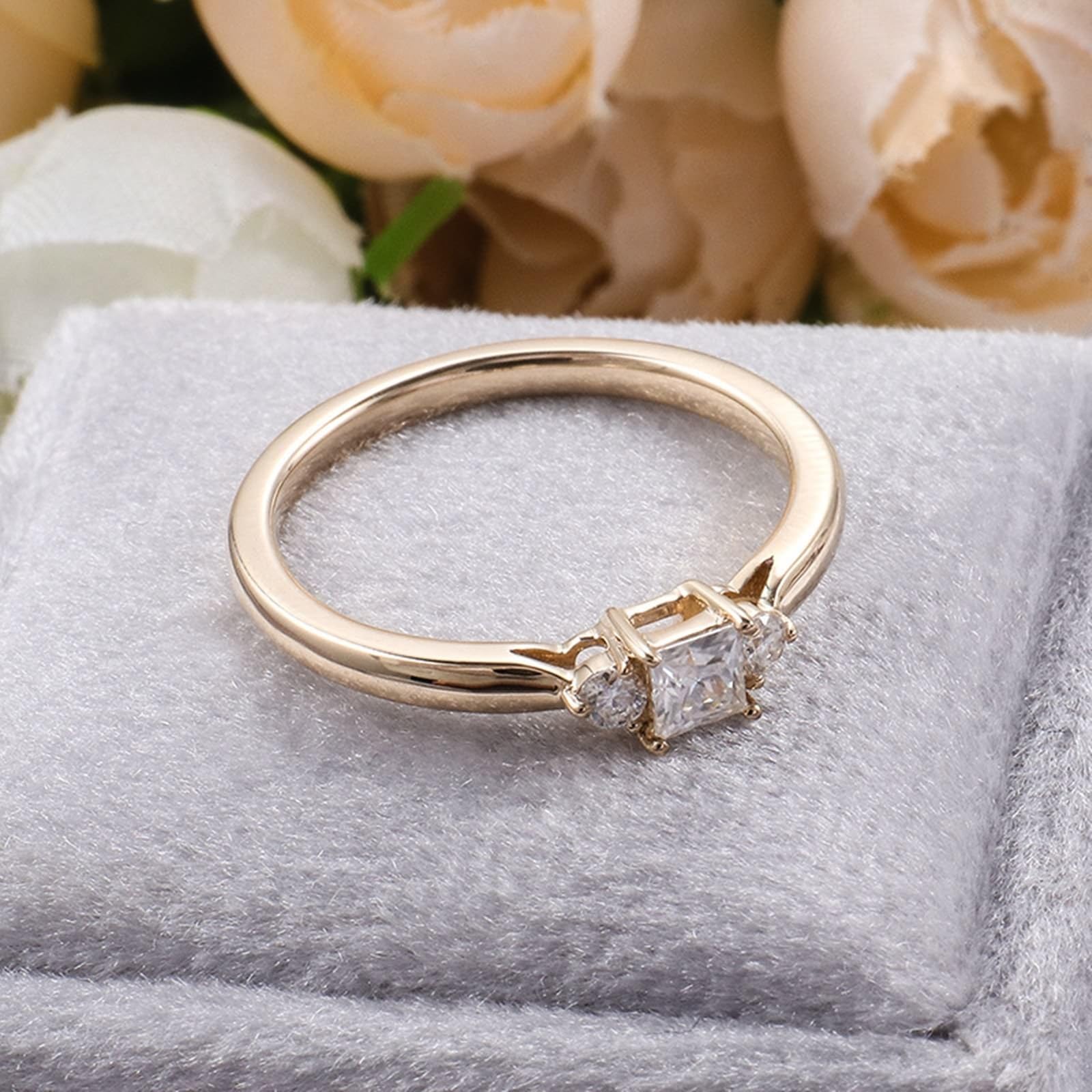 AMDXD Echt Gold Schmuck Gold 9K/14K/18K Solitärring, Zierlich Freundschaftsringe mit Moissanit Quadrat, Trauringe Au 375/585/750 Gelbgold, Gr.47-62