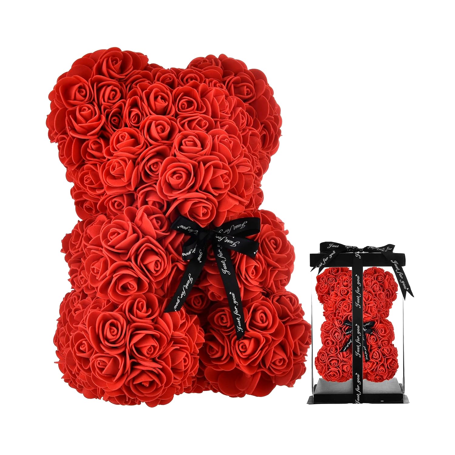 NLIGHTING Orsetto di Rose con Scatola Regalo, Palloncino e Biglietto – Rose Artificiali Morbide che Non Appassiscono, Idea Regalo per Lei, Matrimonio, Anniversario, Compleanno