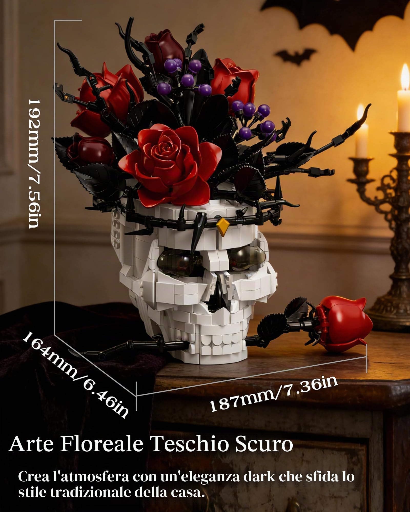 Set di Costruzione Teschio Gotico con Rosa in Bocca – Decorazione Estetica per Adulti, Centrotavola Dark Academia, Compatibile con Fiori Lego e Set Horror, San Valentino e Halloween
