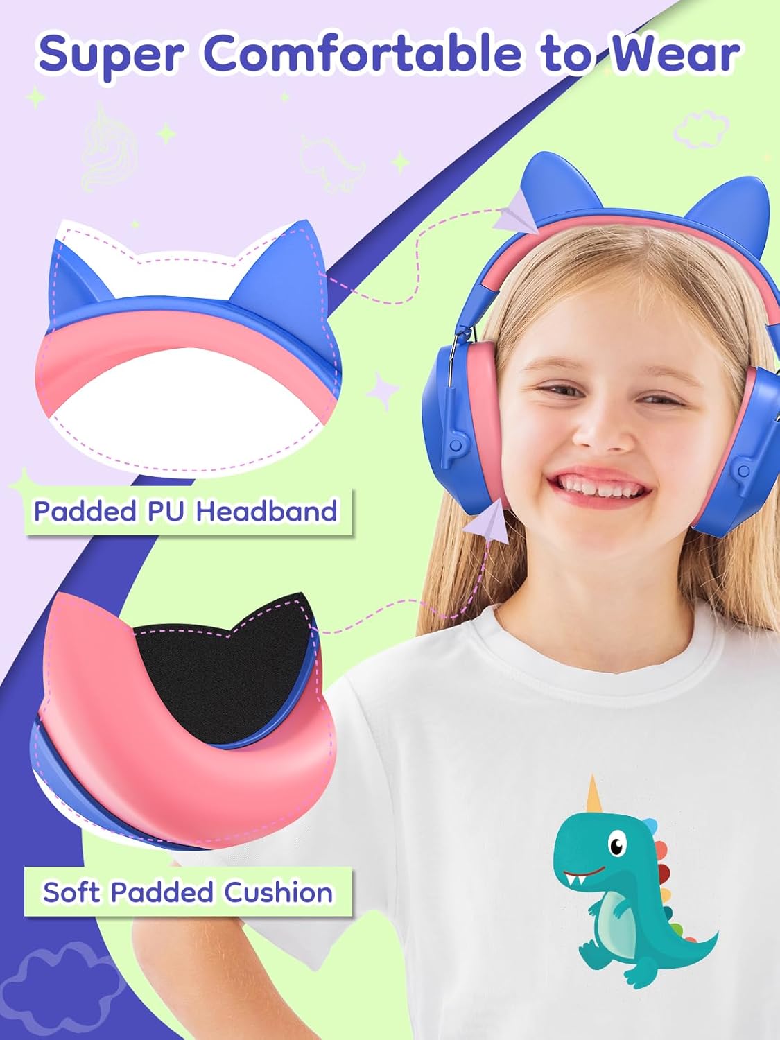 noise cancelling headphones for kids, snr 32db hearing protection earmuffs for noise reduction, ear muff for autism sensory monster jam derby mowing concert air show gifts for kids cat ear blue