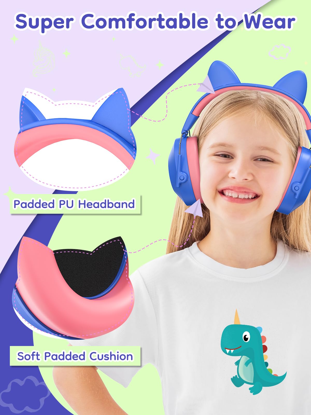 Dr.meter Kids Ear Protection Ear Muffs for Noise Reduction Cute Cat Ear view 2