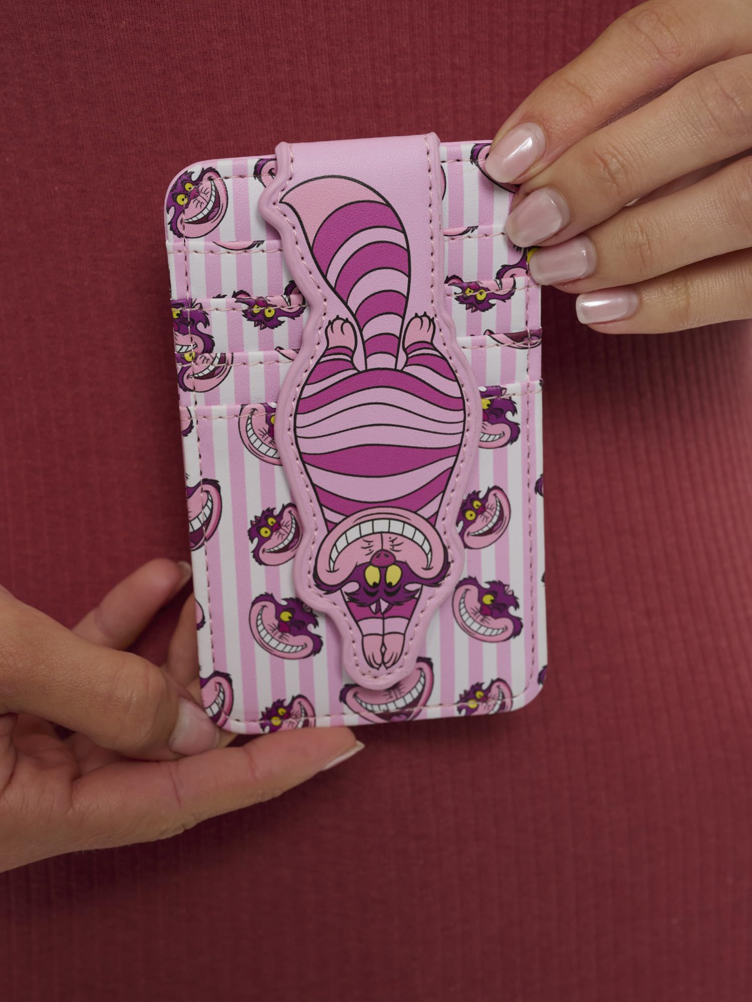 Disney Porte-cartes pour femme Slim Compact Portefeuille de crédit Petit Snap Voyage fantaisie, Chat du Cheshire Rose, Porte-cartes moderne