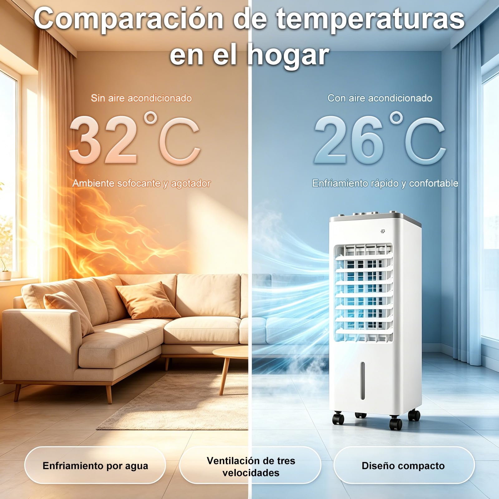 Climatizador Portátil Evaporativo,Oscilación 90°,3 Velocidades y Modo Sueño | Enfriador de Aire con Cristales de Hielo 75W Bajo Consumo, Depósito 4,1-6L,con Mando a Distancia y Ruedas para Hogar Oficina