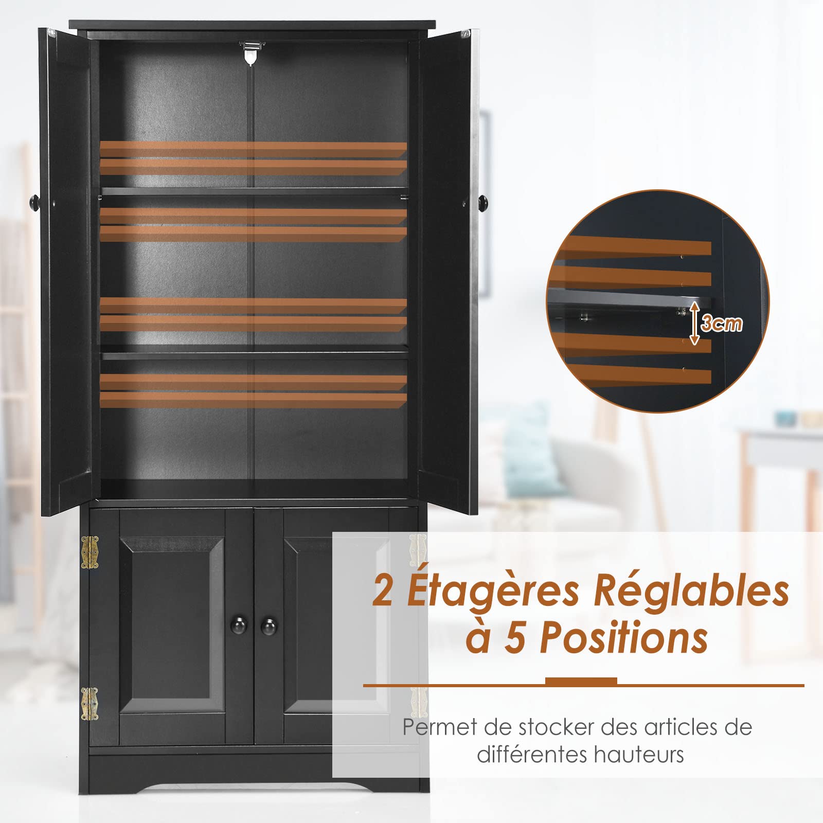 COSTWAY Armoire de Rangement Vintage en MDF avec 2 Étagères Réglables sur 5 Positions et Dispositif Anti-Dumping, 58,5 x 31,5 x 123 cm, pour Salon, Chambre, Bureau (Noir)