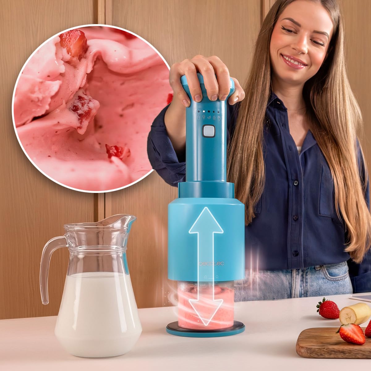Cecotec Eismaschine Gelatec EasyMove, 5 Programme für Eis, Sorbet, Mix-ins, Slush und Shake, vertikales Rührsystem, Eis in 5 Min, 3x 260 ml Becher, Klinge abnehmbar, spülmaschinenfest, mit Deckeln