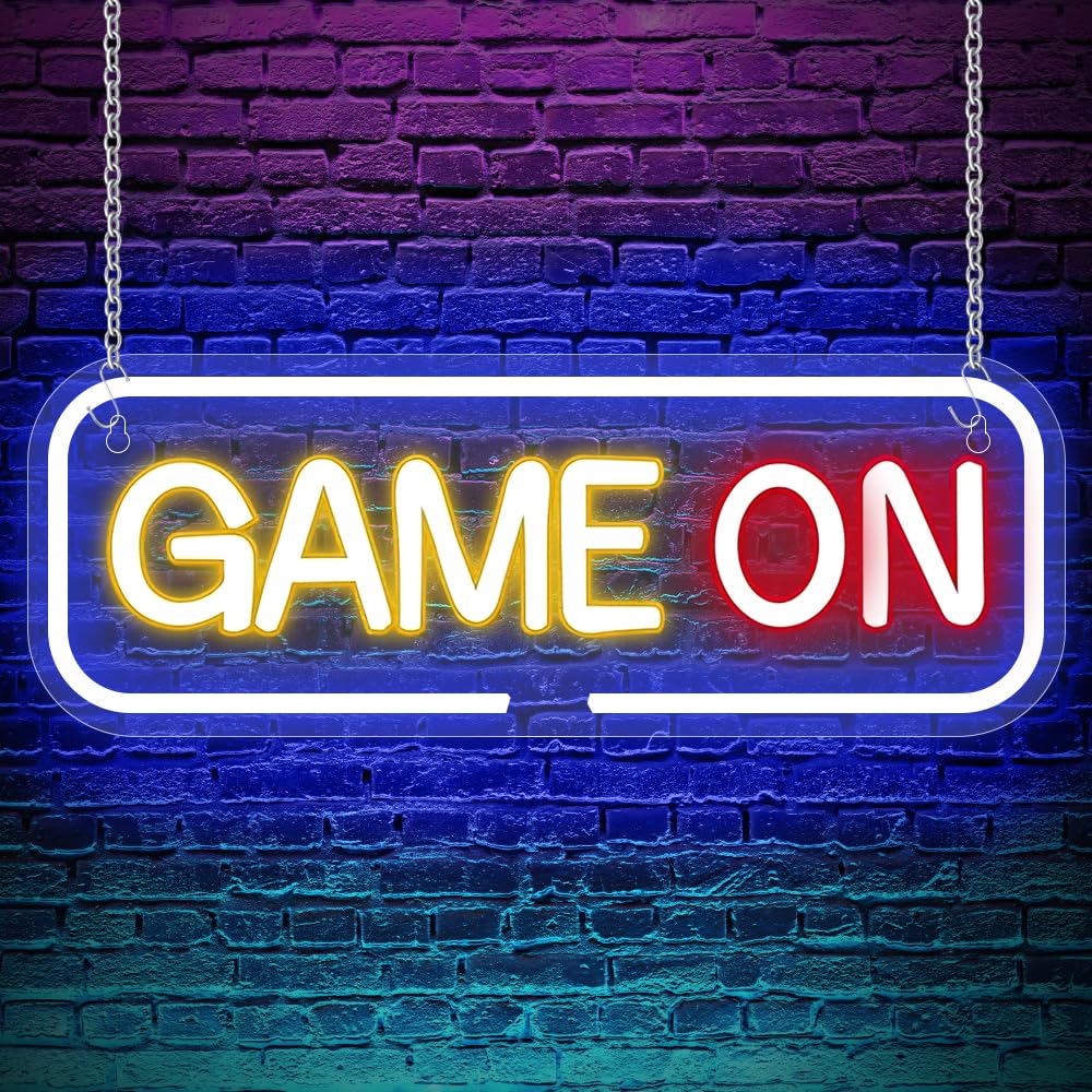 XPJBKC Game On Neon Schild, USB betriebenes LED Game On Neon Lichtschild mit Schalter, Metallkette, Klebehaken, Schraube, Acryl Gaming LED-Leuchten für Schlafzimmer Spielzimmer Wohnzimmer Bar Party