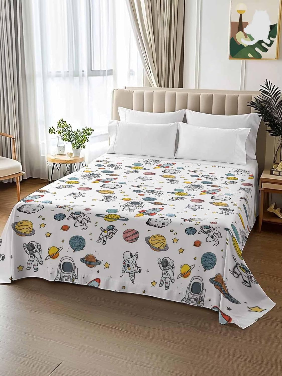 Full Flat Sheet, Cartoon Space Full Bed Sheets Only, Soft Microfiber Flat Sheet, Funny Cute Rocket Planet Hotel Quality Bedding Top Sheet Bedroom Home Dorm Decor