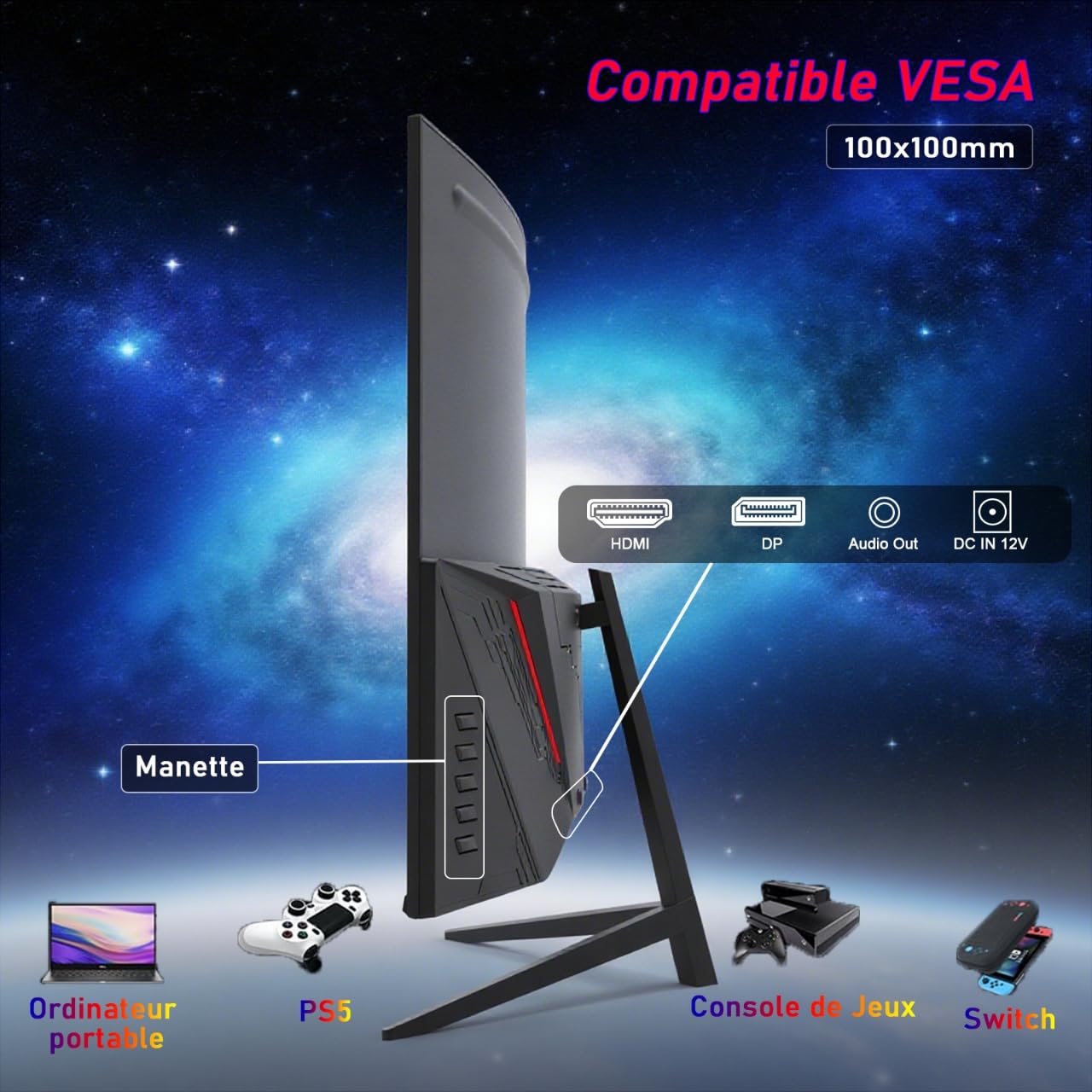 VJCSTAR Écran PC Gamer Incurvé QLED 27 Pouces, 200 Hz, FHD 1080p, 1 ms