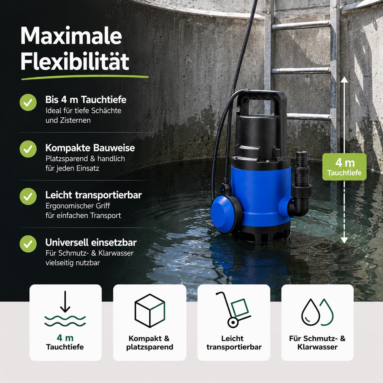 Pompa per acque luride 7500 l/h con 400 Watt – max. 5 m di altezza di consegna & 4 m di profondità di immersione, cavo da 10 m, protezione termica, robusta ruota in Noryl - Pompa sommersa per
