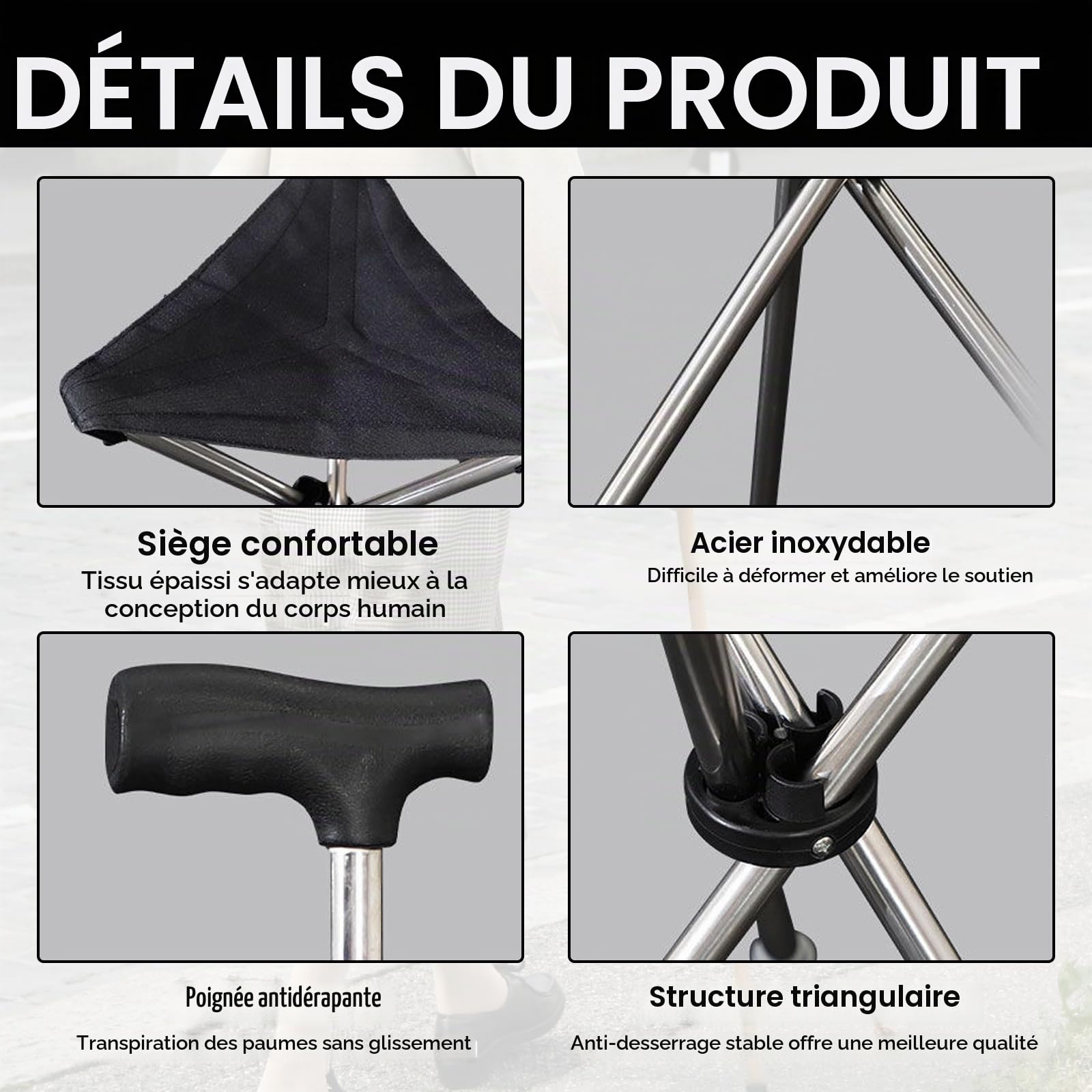 Canne Siège Pliante Légère, Canne de Marche avec Siège Cannes de siège Pliantes réglables en Hauteur Tabouret 3 Pieds Portable pour Repos Canne De Voyage De siège pour Plein air
