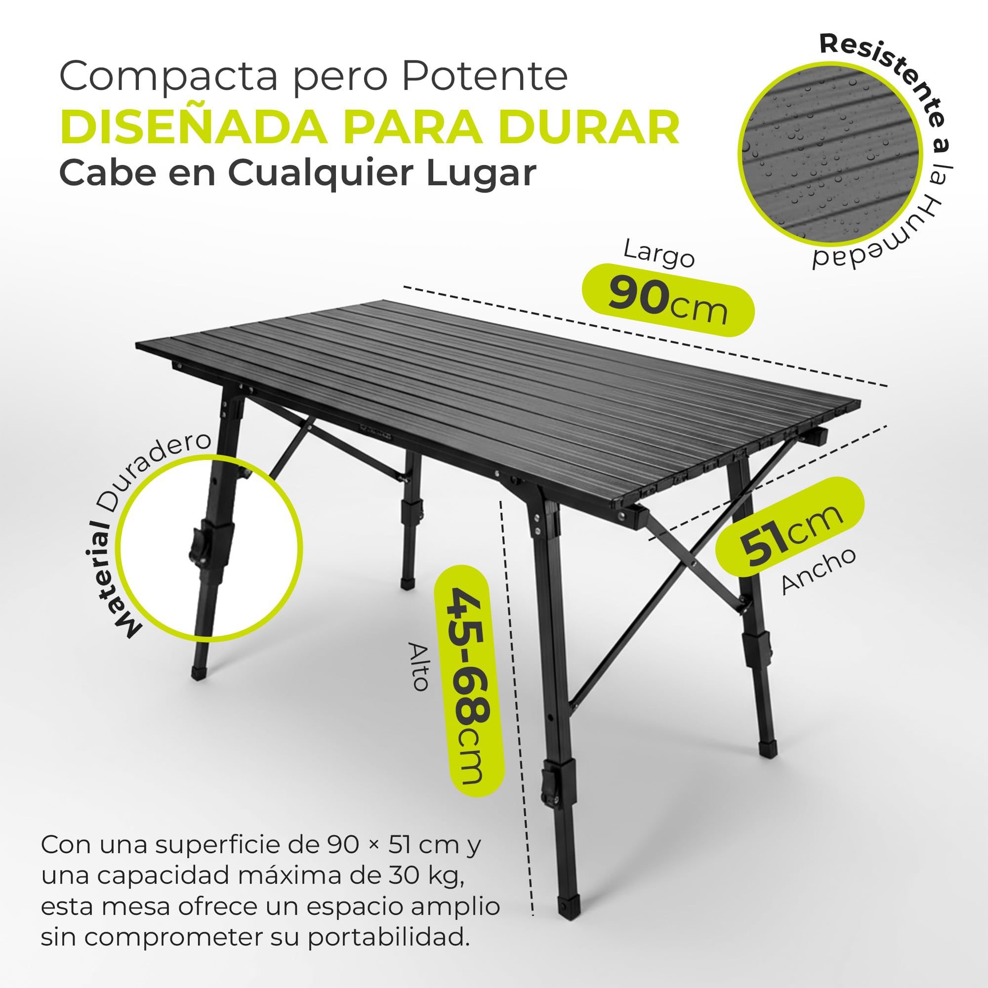 Mesa Enrollable Camping - Aluminio, 30 kg, 90x51 cm | Altura regulable 45-65 cm - tablero enrollable - bolsa de transporte incluida - solo 3,9 kg