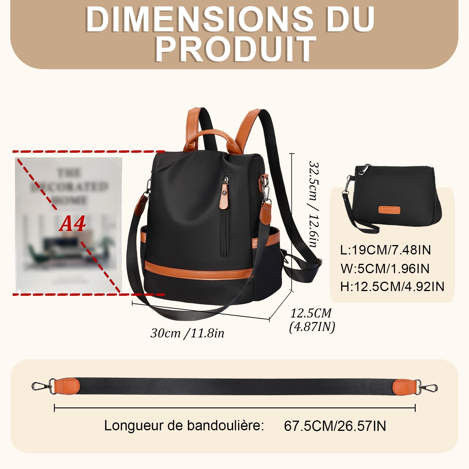 Eshow Sac a Dos Femme Antivol, Sacs à Main Portés Dos Elégant Léger, Petit Sac Bandoulière avec Pochette pour Voyage Travail Loisirs Université Noir