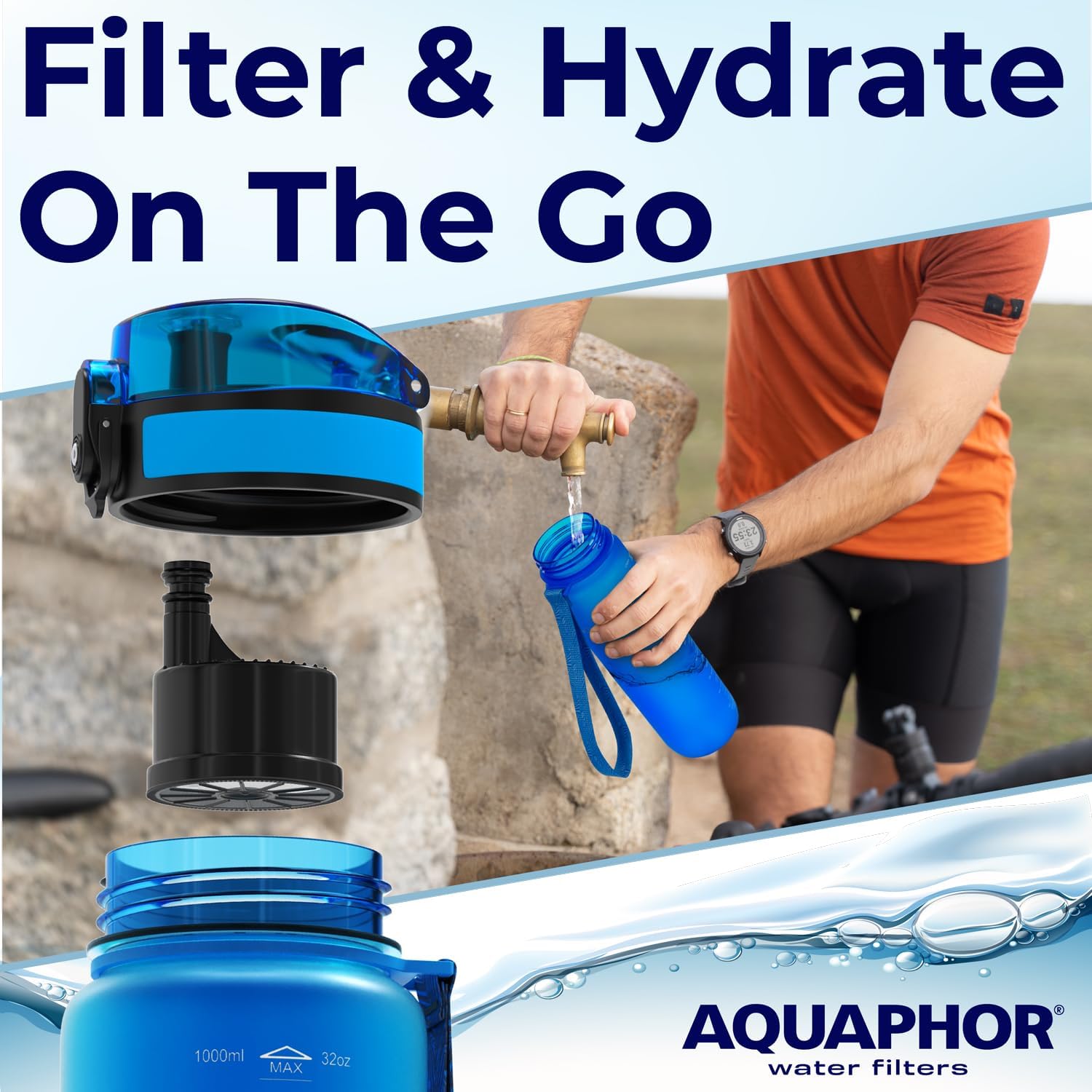 Nakii Filtered Water Bottle, Leakproof, BPA-Free, Motivational Markings, Travel, Everyday Use. 40-Gallon Filter, Replaces 300 Plastic Water Bottles. Includes 1 Filter, 34 FL Oz, Blue by Aquaphor