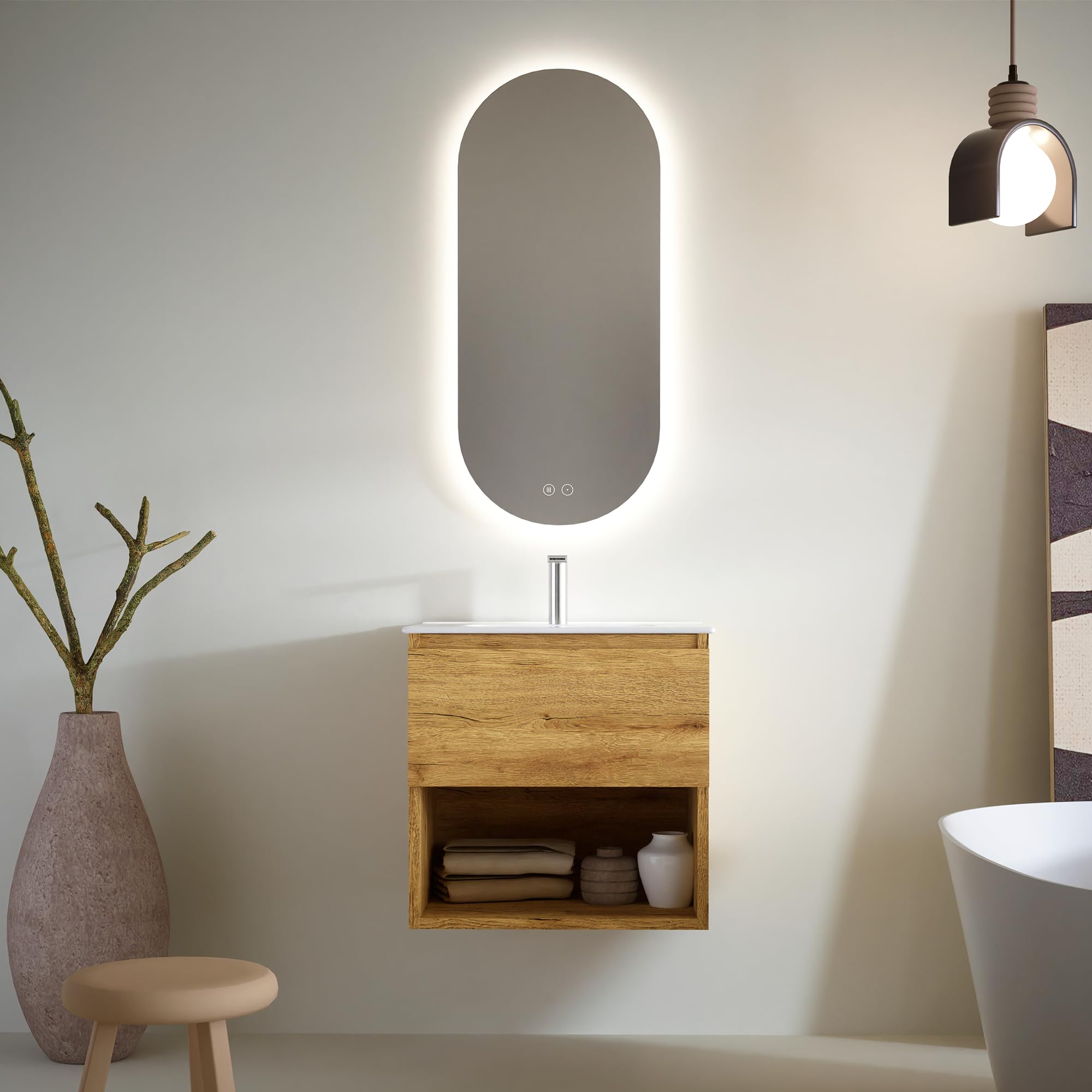 Mueble de Baño PANTER Decorativo 60 cm Marrón Madera, 1 Cajón Soft Close, Encimera Cerámica Blanco Brillo con Lavabo y Espejo Ovalado LED Antivaho, Diseño Suspendido, Compacto