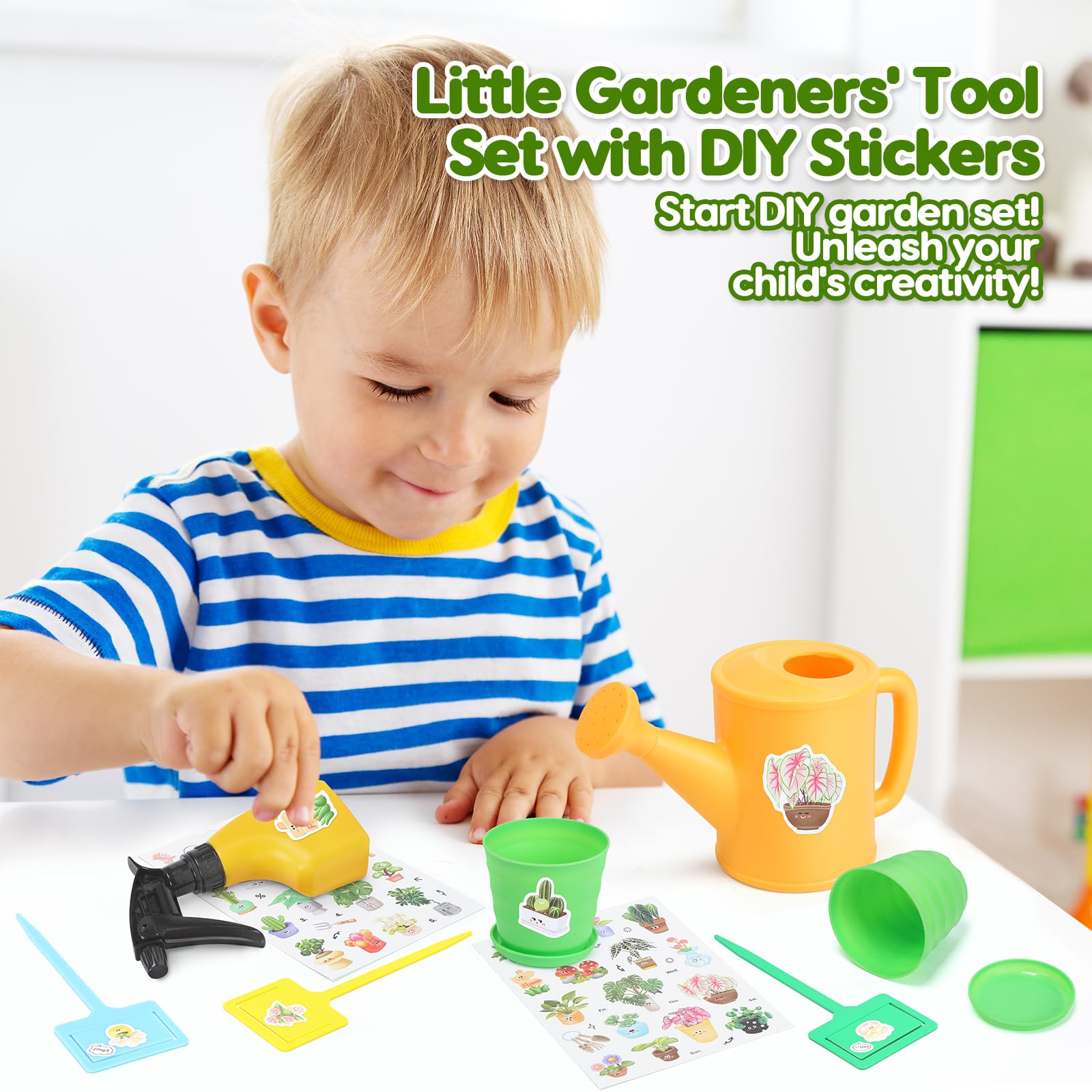 CUTE STONE Ensemble d'outils de jardinage pour enfants, kit d'outils jardin avec pelle, tablier avec poches, sac fourre-tout jardin, arrosoir, autocollants de bricolage, cadeau pour garçons et filles