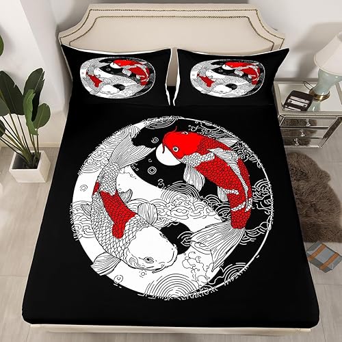 Miniatura 3 de Erosebridal Yin Yang - Juego de sábanas de tamaño individual, sábanas de estilo japonés para niños y niñas, chismes koi, decoración de peces, sábana