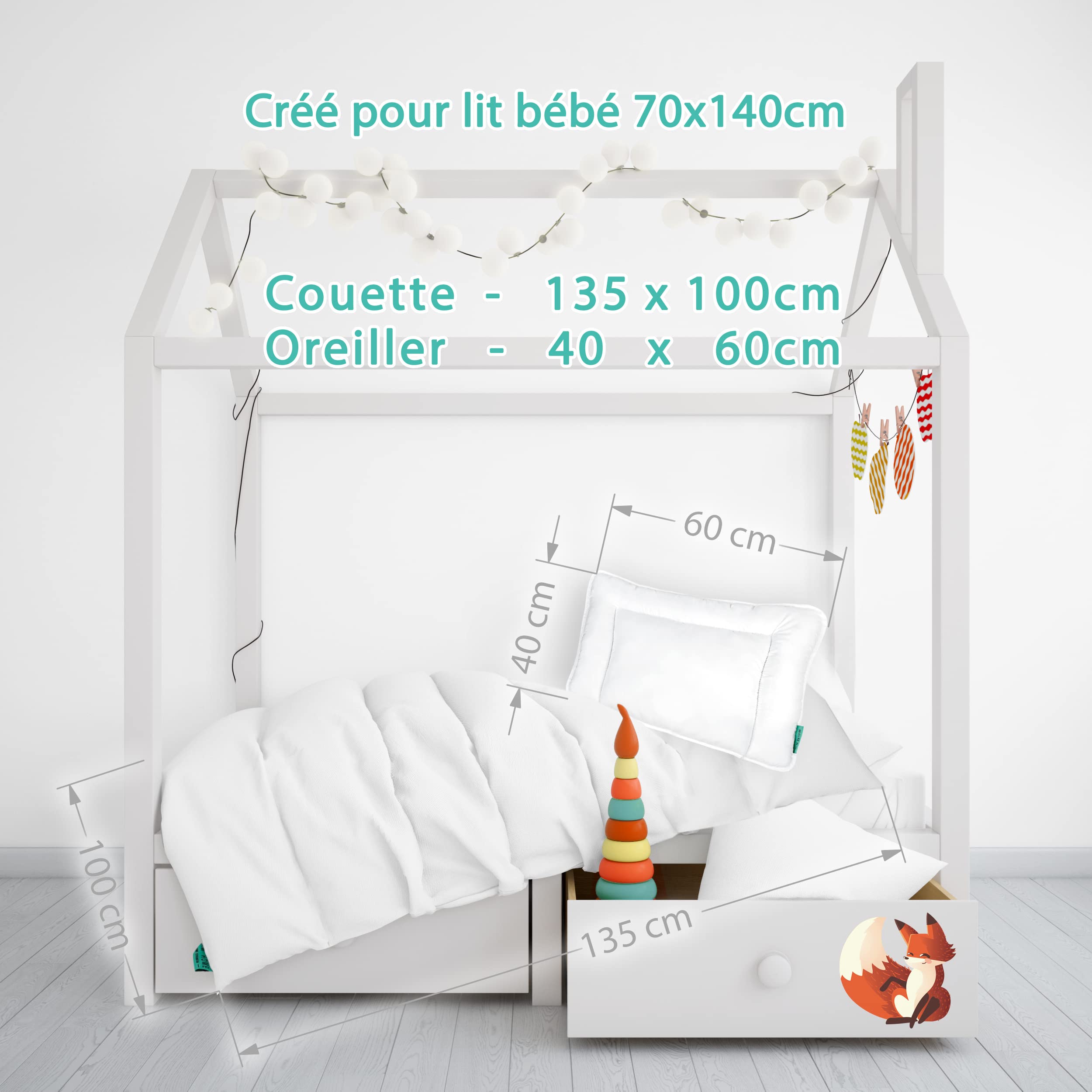 FAM‘ Home Parure de lit Enfant 4 Saisons Cheeky Fox, Couette Bebe 100 x135 cm et Oreiller 40x60 cm | Certifié Oeko-Tex | Couette Toutes Saisons en Microfibre |Convient pour Un lit de 70x140 cm