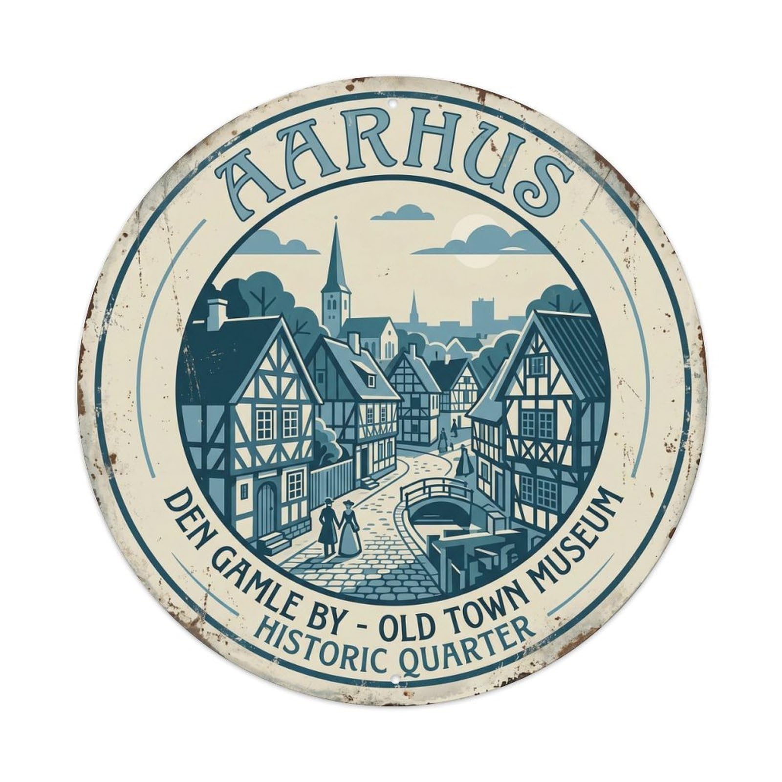 Vintage Travel Aarhus Denmark Quarter Metal Tin Sign Plaque Wall Decor for Cafe, Club Bar, Office, Home Garden Round Metal Poster 8x8Inch