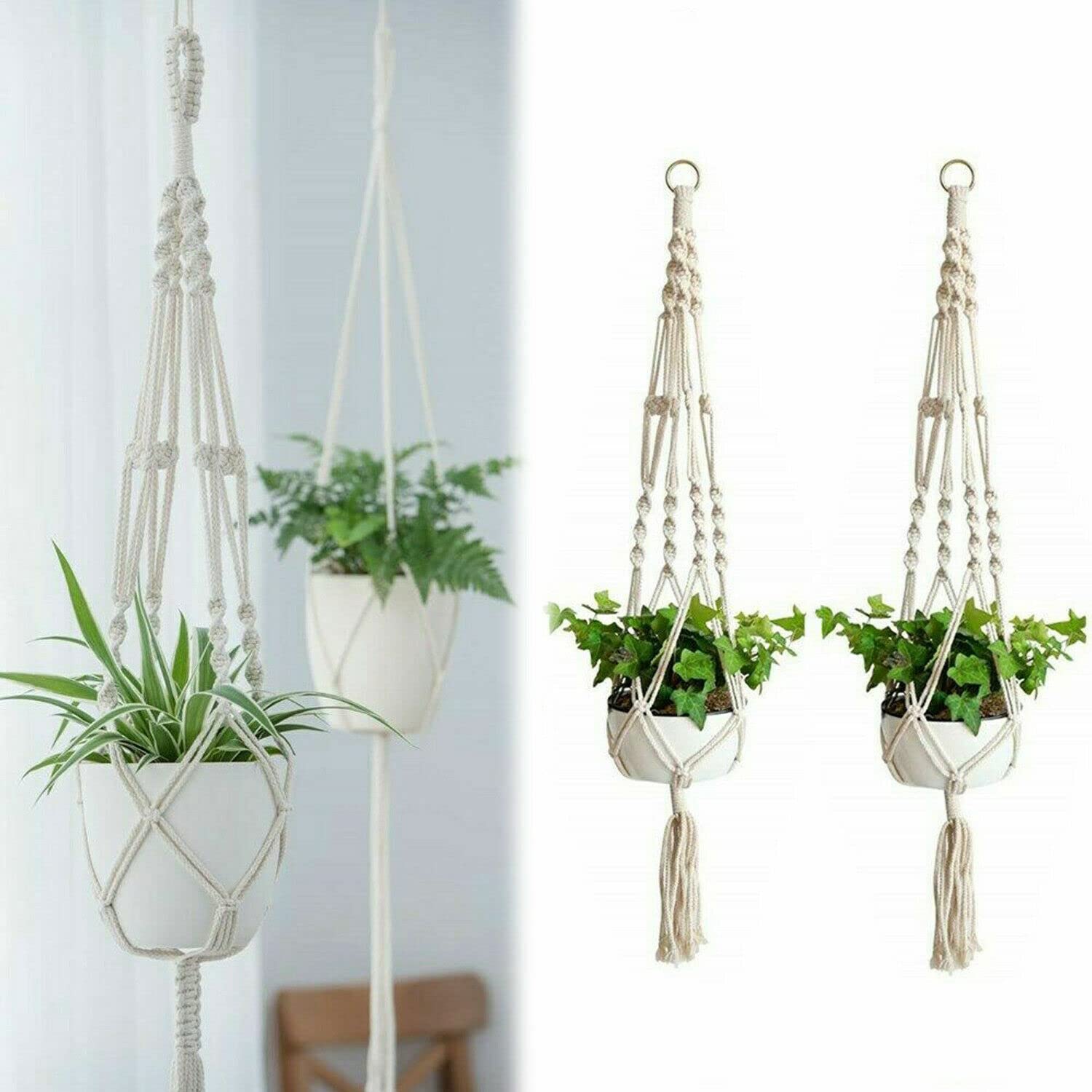 Natural 2 Pack Macrame Plant Hangers,Indoor Outdoor Macrame Plant Pot Cotton Rope Hanger