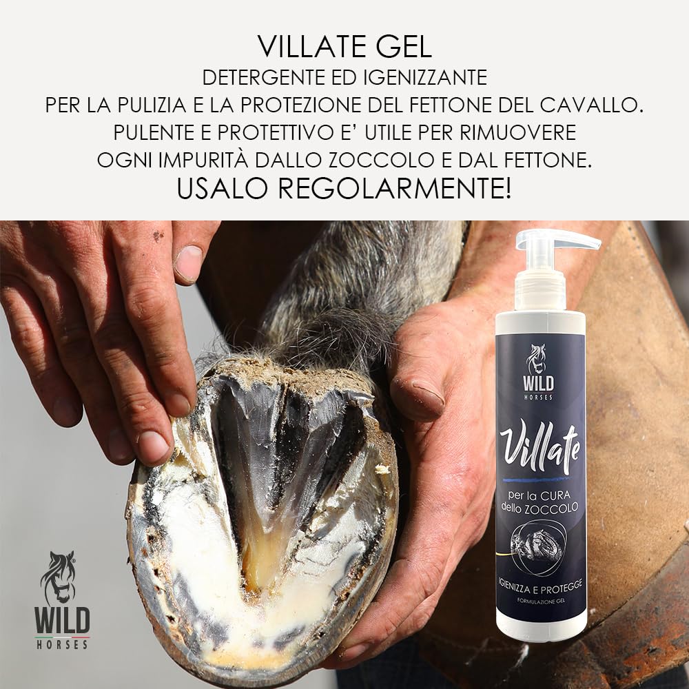 Wild Horses | Villate Gel, Lozione Detergente ed Igenizzante per la Pulizia e la Protezione del Fettone, Prodotto Pulente e Protettivo, Rimuove Impurità dallo Zoccolo, 250ml