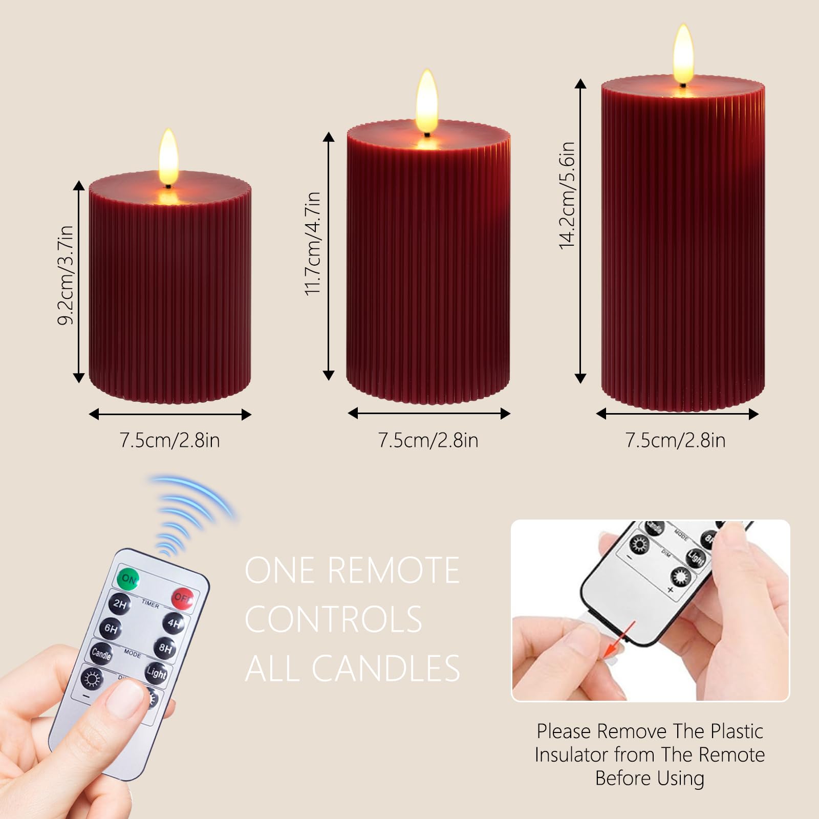 Set di 3 Candele LED, Candele Flickering Flameless, LED tea lights Tremolante con Telecomando e Funzione Timer, Finte a Batteria Stoppino di Candela 3D per Festa/Matrimonio/Hotel (Rosso)