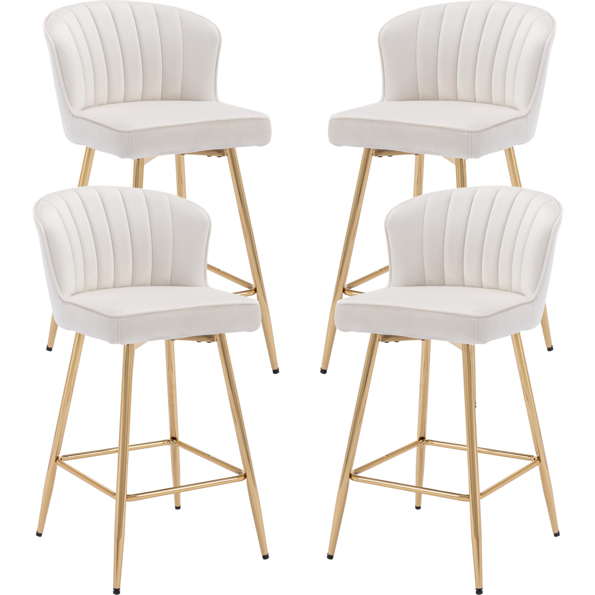 Shunzhi Beige Velvet Counter Height Bar Stools Set of 4 Modern Upholstered Barstools Comfy Island Bar Chairs with Metal Legs/Shell Back for Kitchen