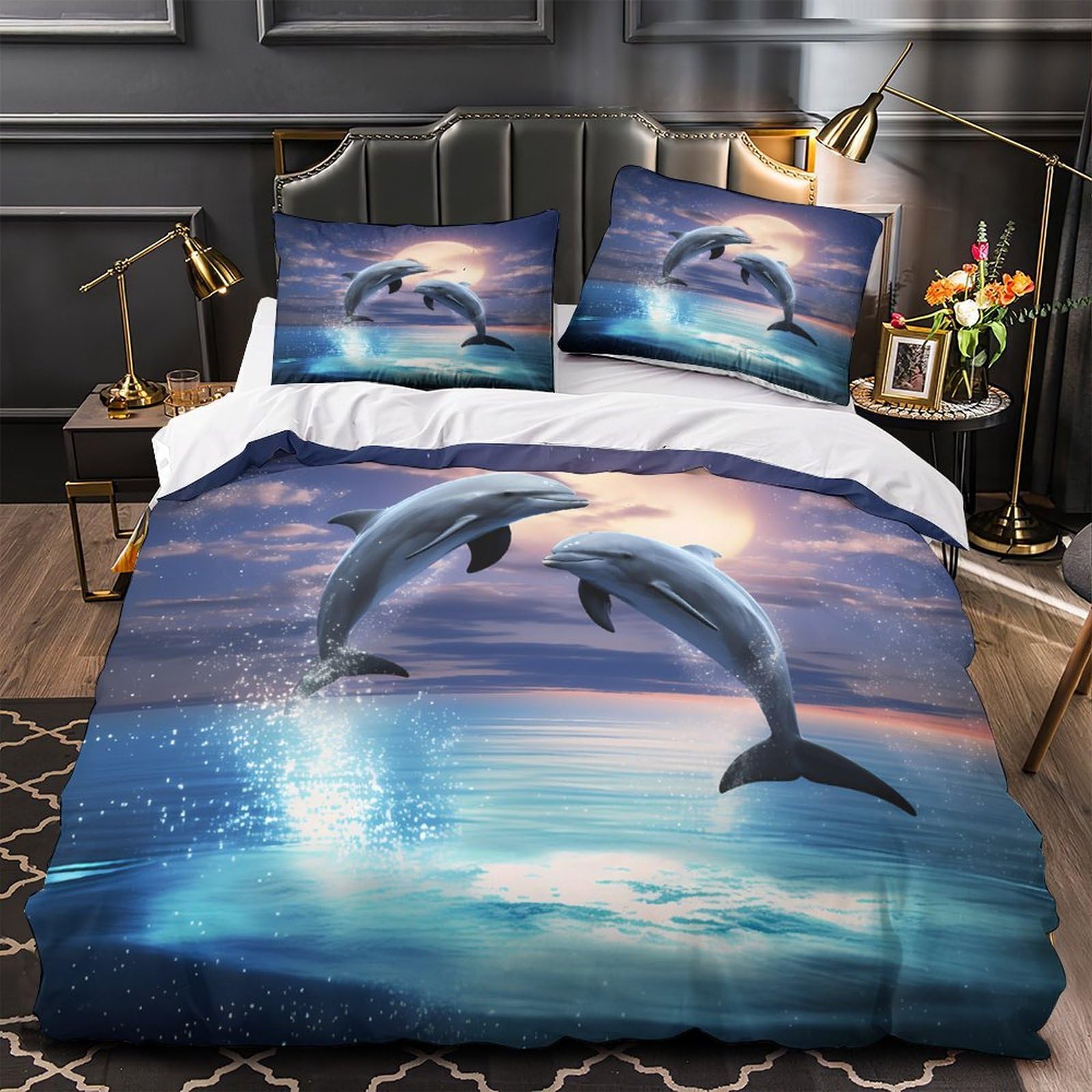Housse de couette dauphin imprimé 3D cœur floral bleu lit King size