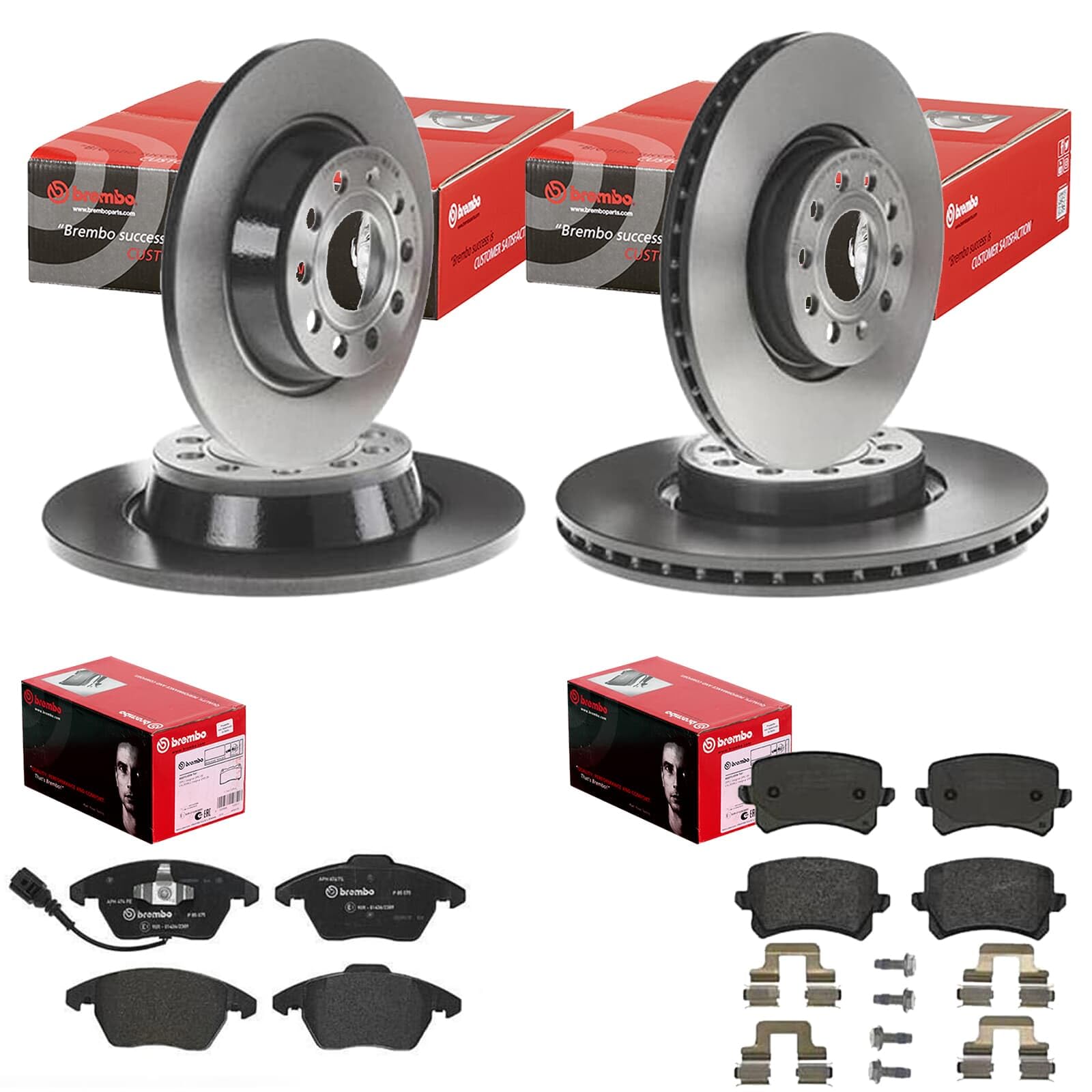 brembo Bremsscheiben + Beläge vorne + hinten | 09.9772.11 + P85075 + 08.A202.11 + P85109 passend für Passat 3C B6 B7 CC